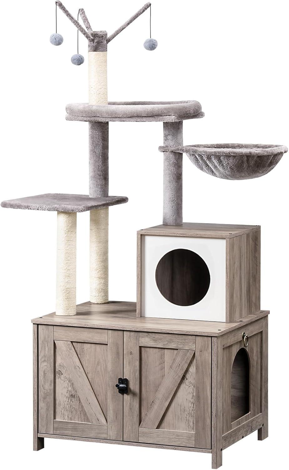 Litter Box Enclosure with Cat Tree, 2-in-1 Cat Tree Tower, Hidden Cat Litter Box Furniture with Scratching Post, Modern Cat Condo, Grey