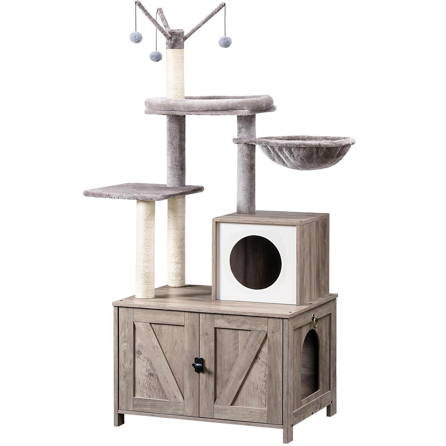 Litter Box Enclosure with Cat Tree, 2-in-1 Cat Tree Tower, Hidden Cat Litter Box Furniture with Scratching Post, Modern Cat Condo, Grey