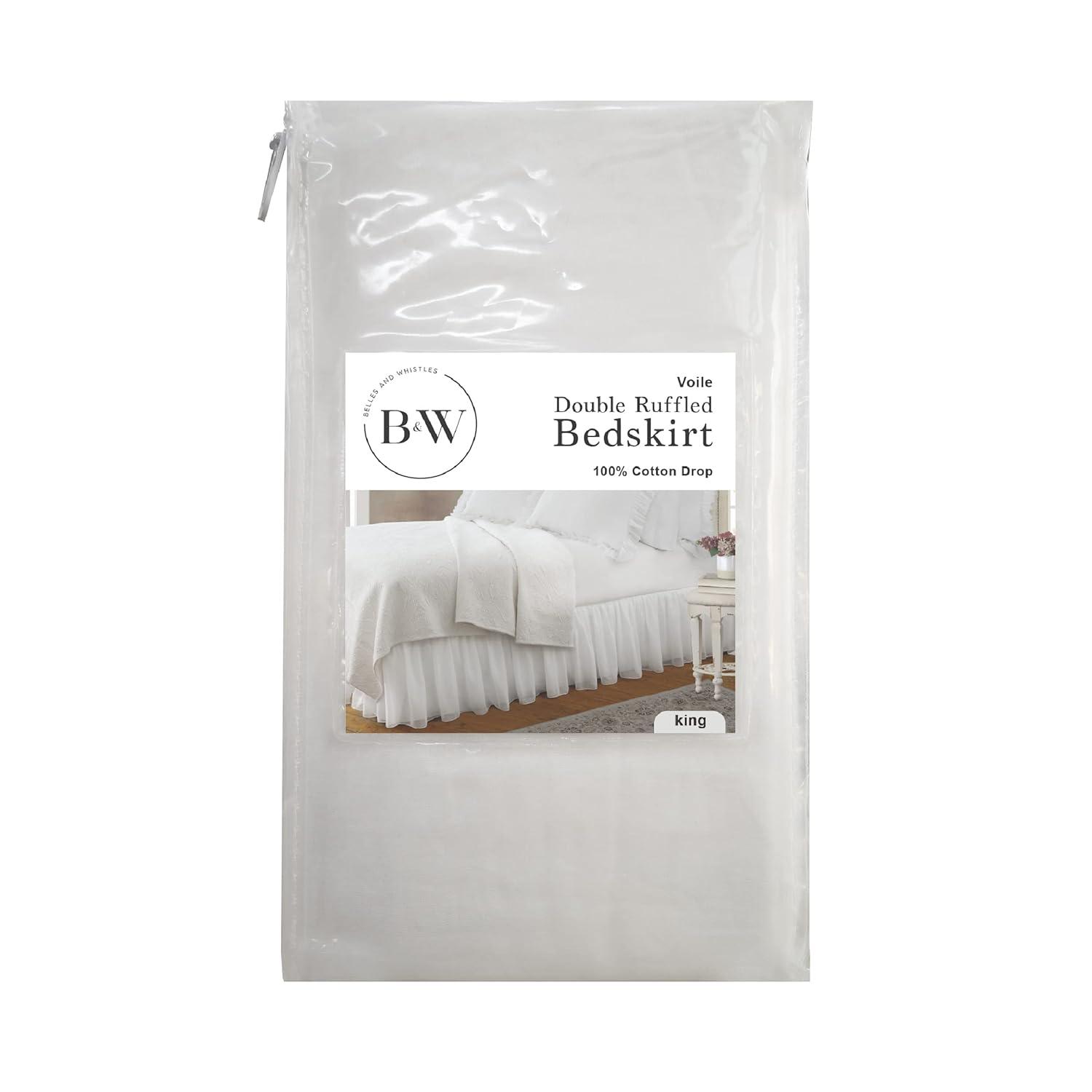 Belles & Whistles Double Voile Ruffled Bed Skirt Dust Ruffle, Cotton Layered, 15" Drop Length, King, White