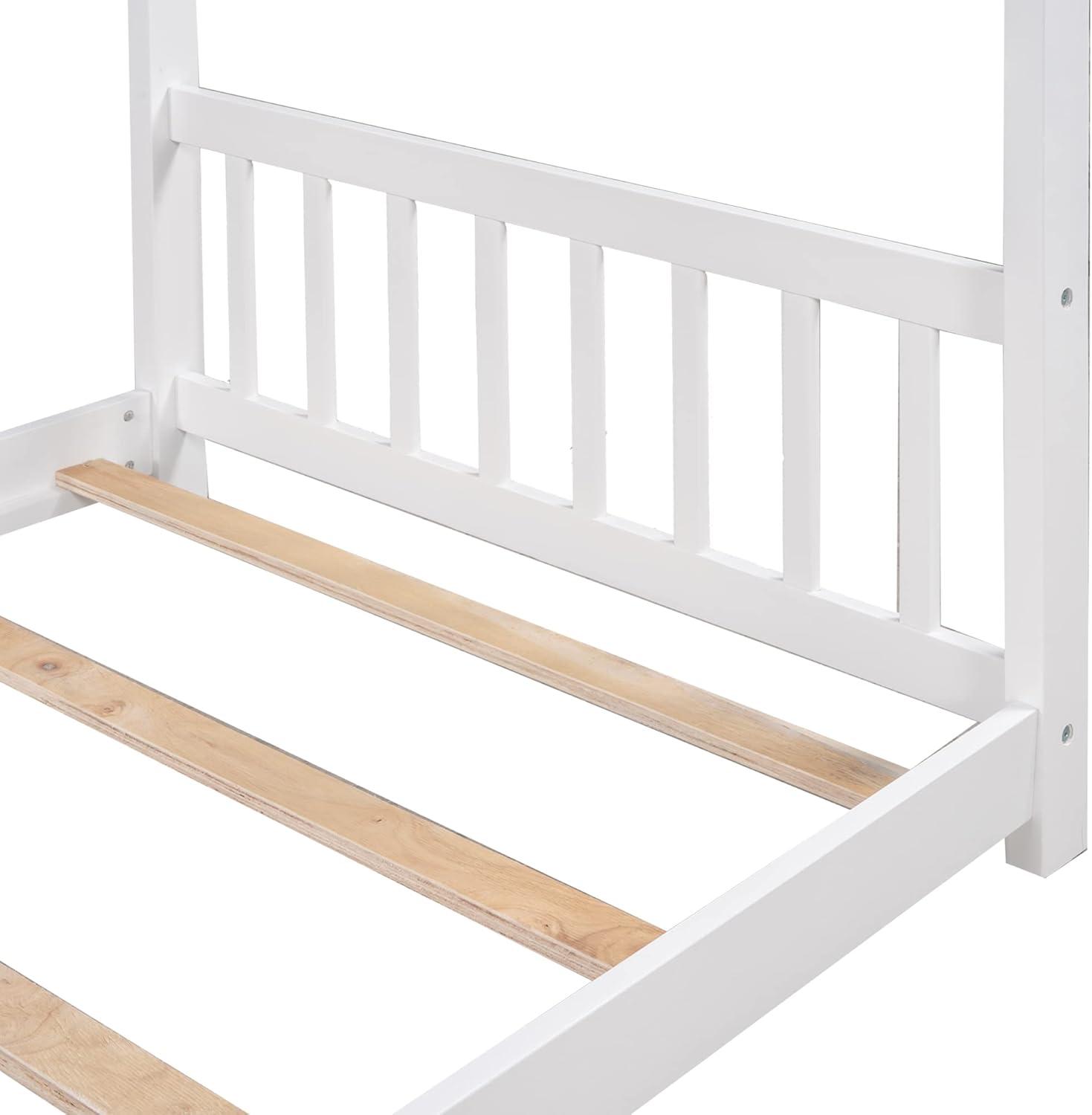 Harper & Bright Designs Twin House Bed for Kids, Floor Frame With Headboard and Footboard, Wooden Montessori Bed for Girls, Boys, White