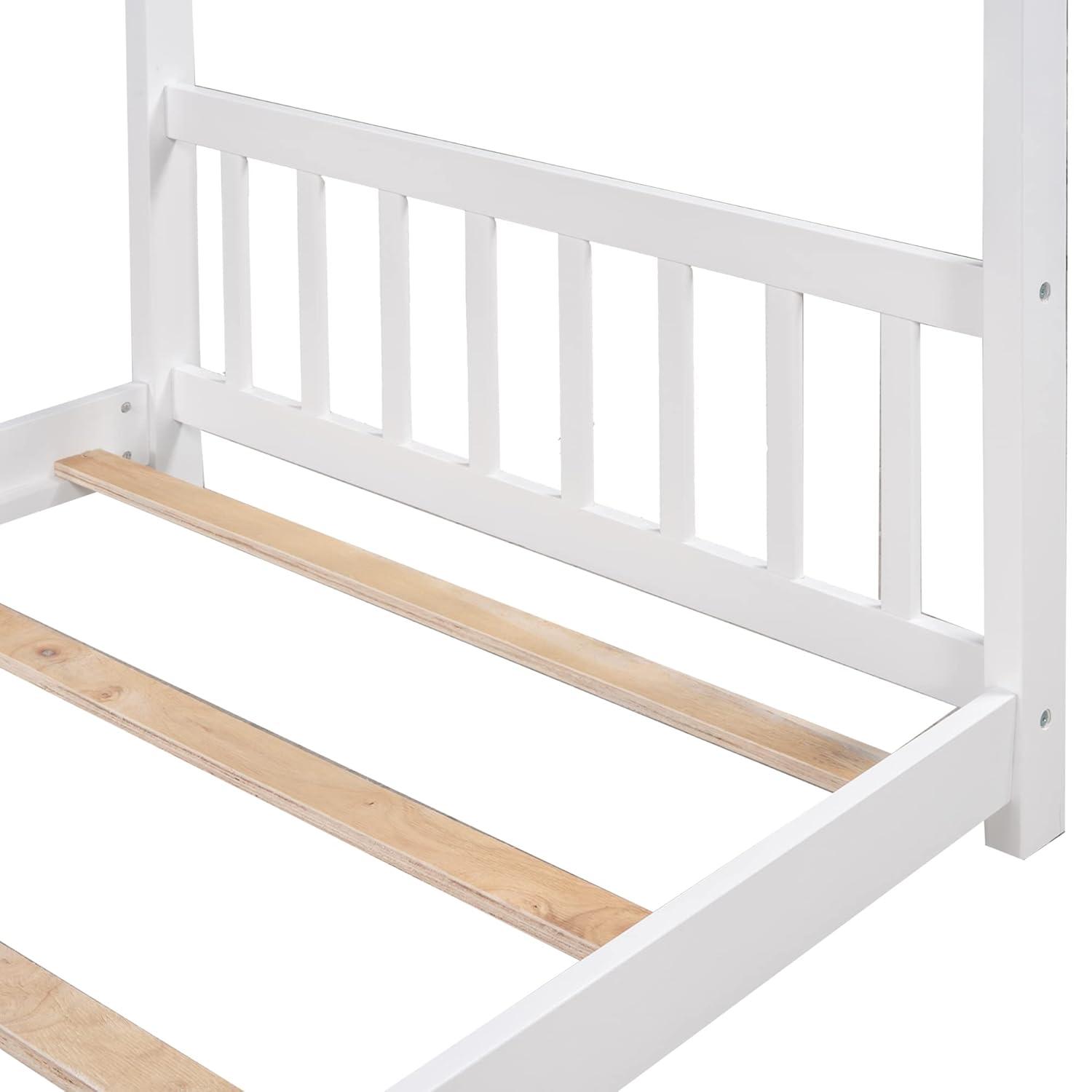 Harper & Bright Designs Twin House Bed for Kids, Floor Frame With Headboard and Footboard, Wooden Montessori Bed for Girls, Boys, White