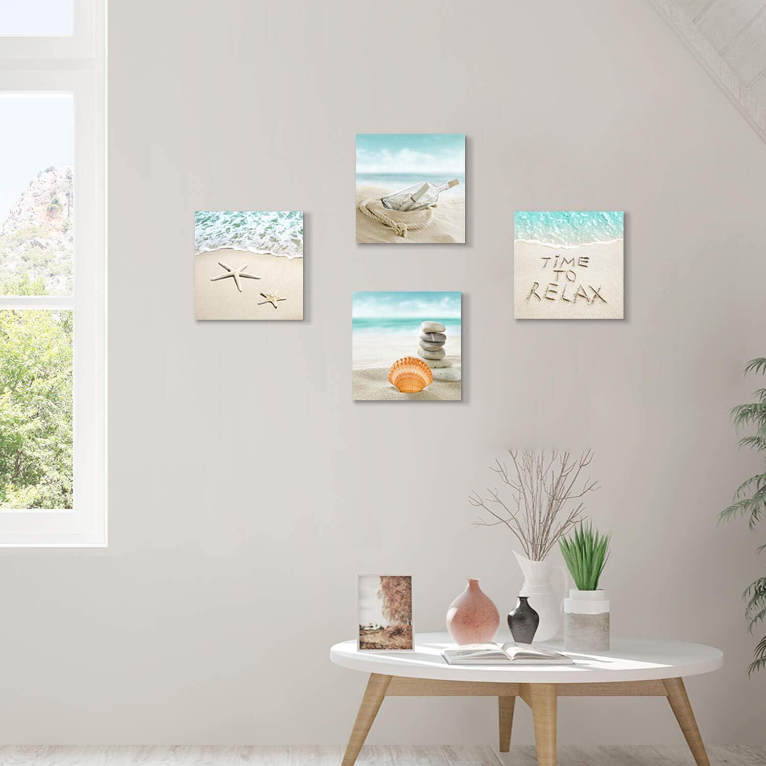 Coastal Beach Canvas Wall Art Set with Seashells and Starfish