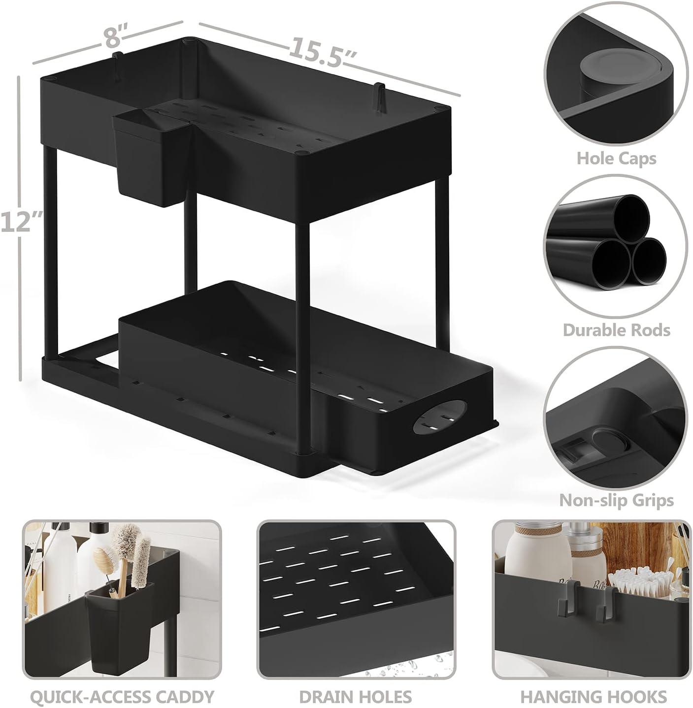 StorageBud 2 Tier Non-Slip Grip Under Sink Organizer with Utility Hooks, Side Caddy & Sliding Drawer