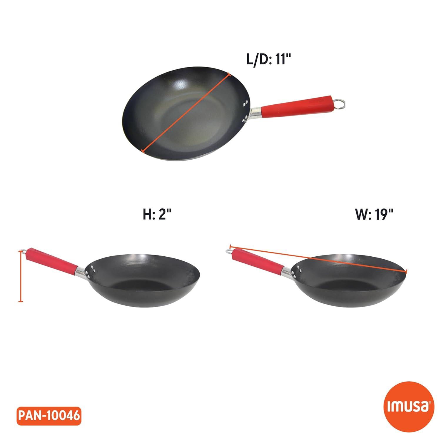 IMUSA 12in Carbon Steel Nonstick Wok with Red Soft Touch Handle, Black