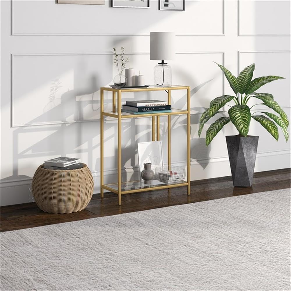 Evelyn&Zoe Cortland 22" Wide Rectangular Console Table with Glass Shelves, Brass