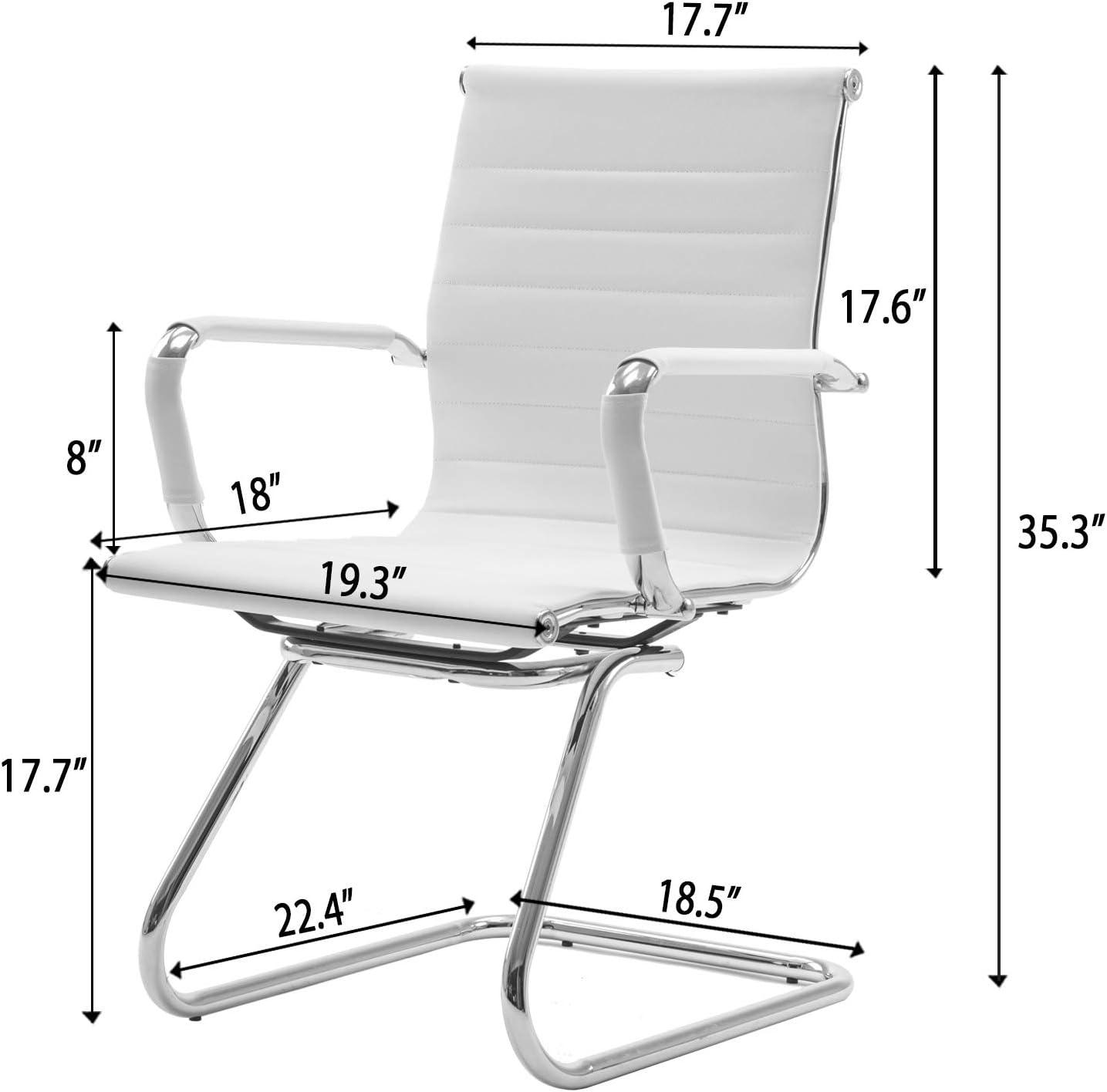 Guyou Modern Mid Back Office Guest Chair Set of 2, Faux Leather Reception Chair Computer Chair with Armrests and Metal Sled Base for Meeting/Waiting/Conference Room, No Wheels, White