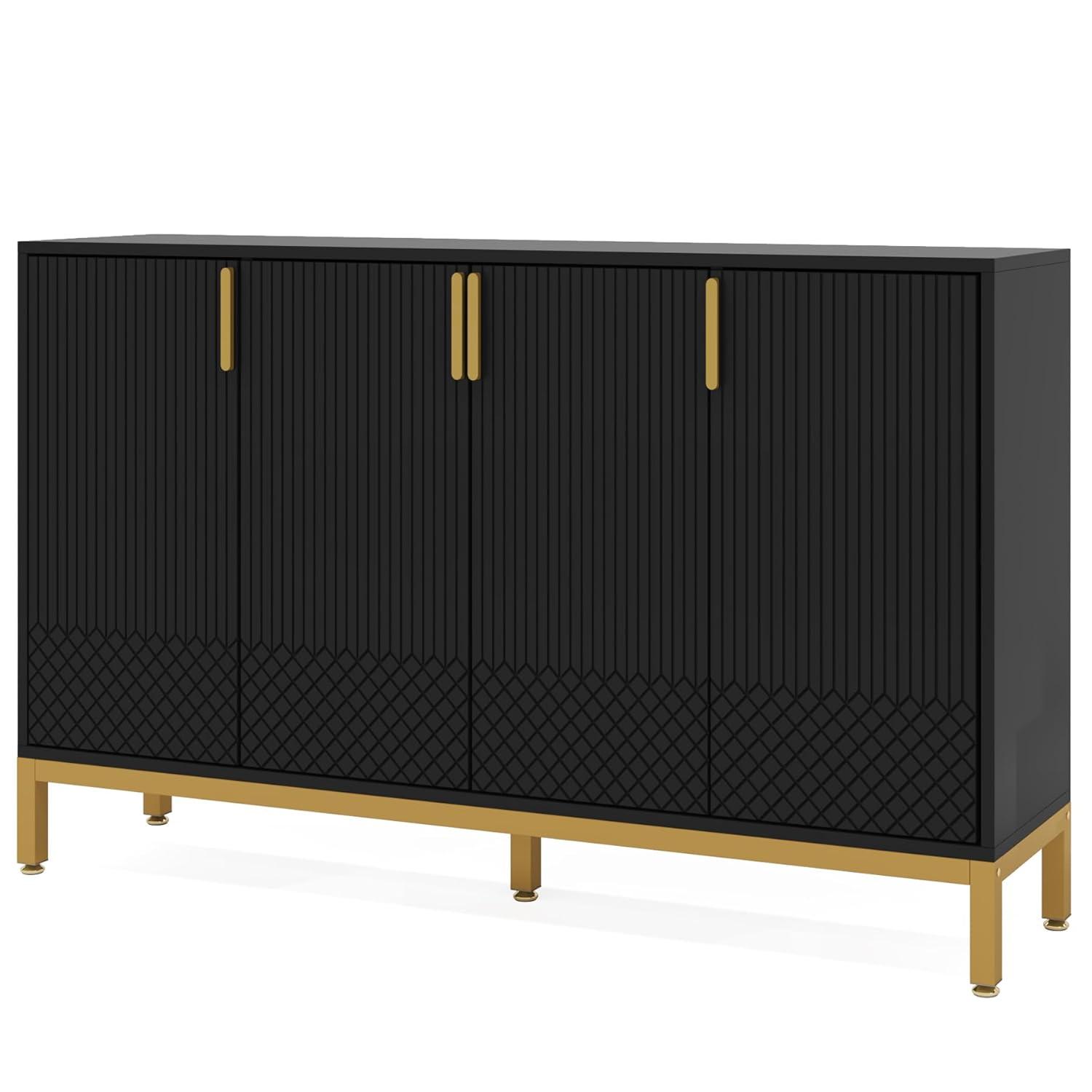 Finmind 59" Buffet Cabinet, 4-Door Storage Sideboard, Black & Gold Coffee Bar Cabinet for Dining Room or Living Room