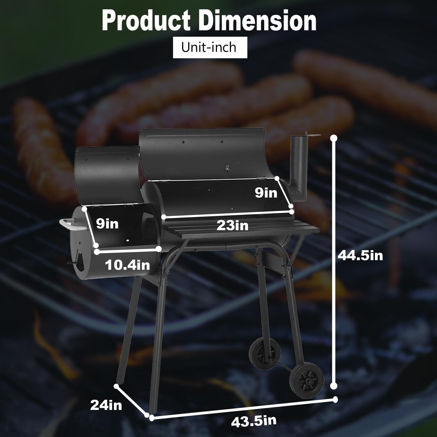 43-Inch Black Stainless Steel Charcoal Smoker Grill with Pulley Design