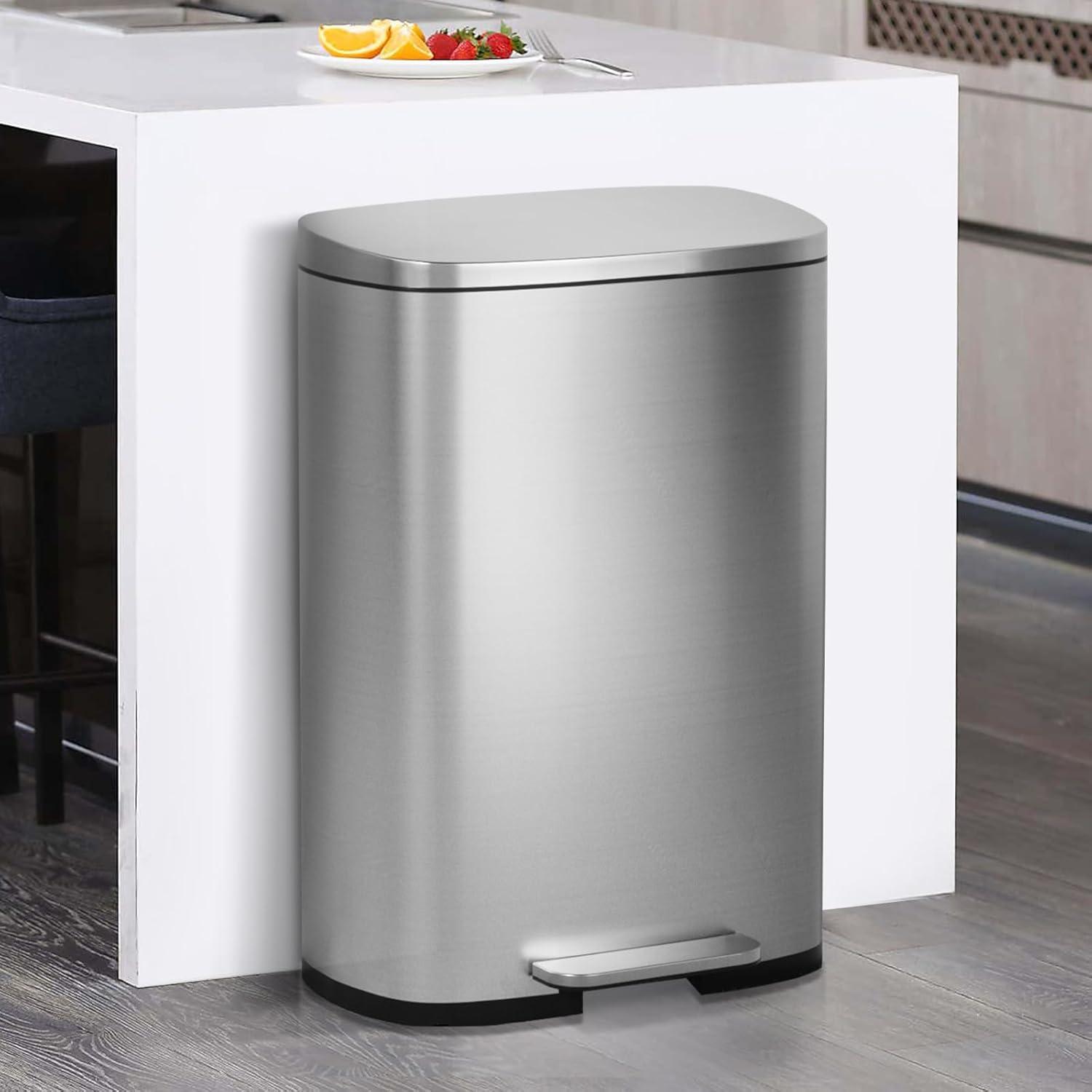 Rongfun 13 Gallon/50 L Garbage Can Kitchen Trash Can with Lid for Office Bedroom Bathroom Step Trash Bin Fingerprint-Proof Brushed Stainless Steel 13 Gallon / 50 Liter