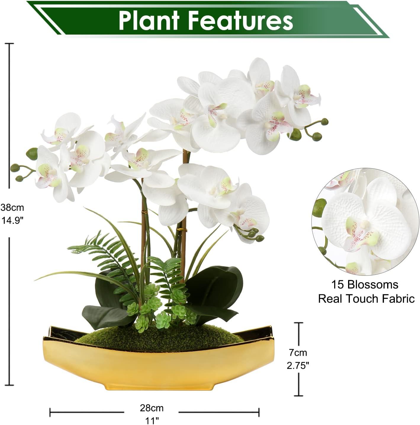 15" Artificial Orchid Flowers Phalaenopsis Flower Arrangements in Silver Vase Wedding Party Home Decor
