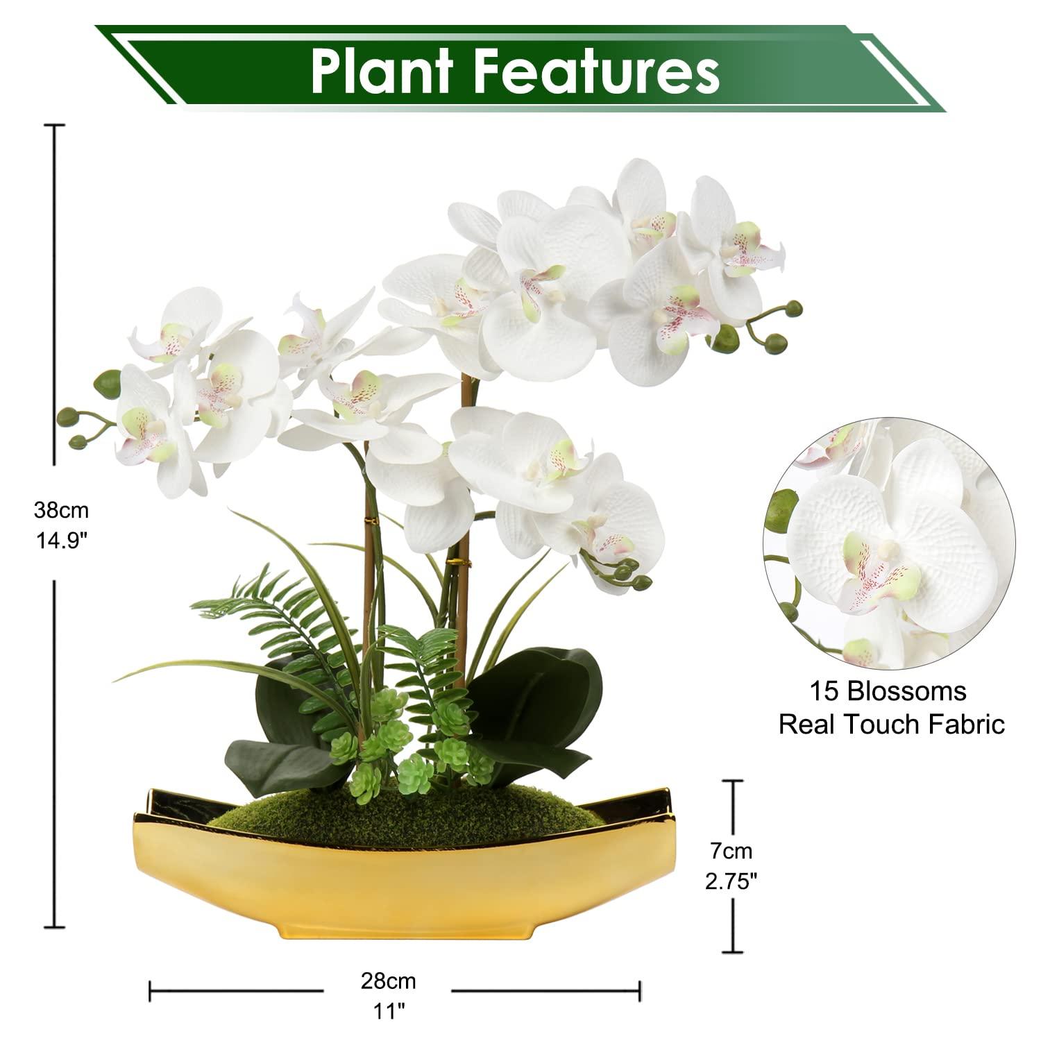 15" Artificial Orchid Flowers Phalaenopsis Flower Arrangements in Silver Vase Wedding Party Home Decor