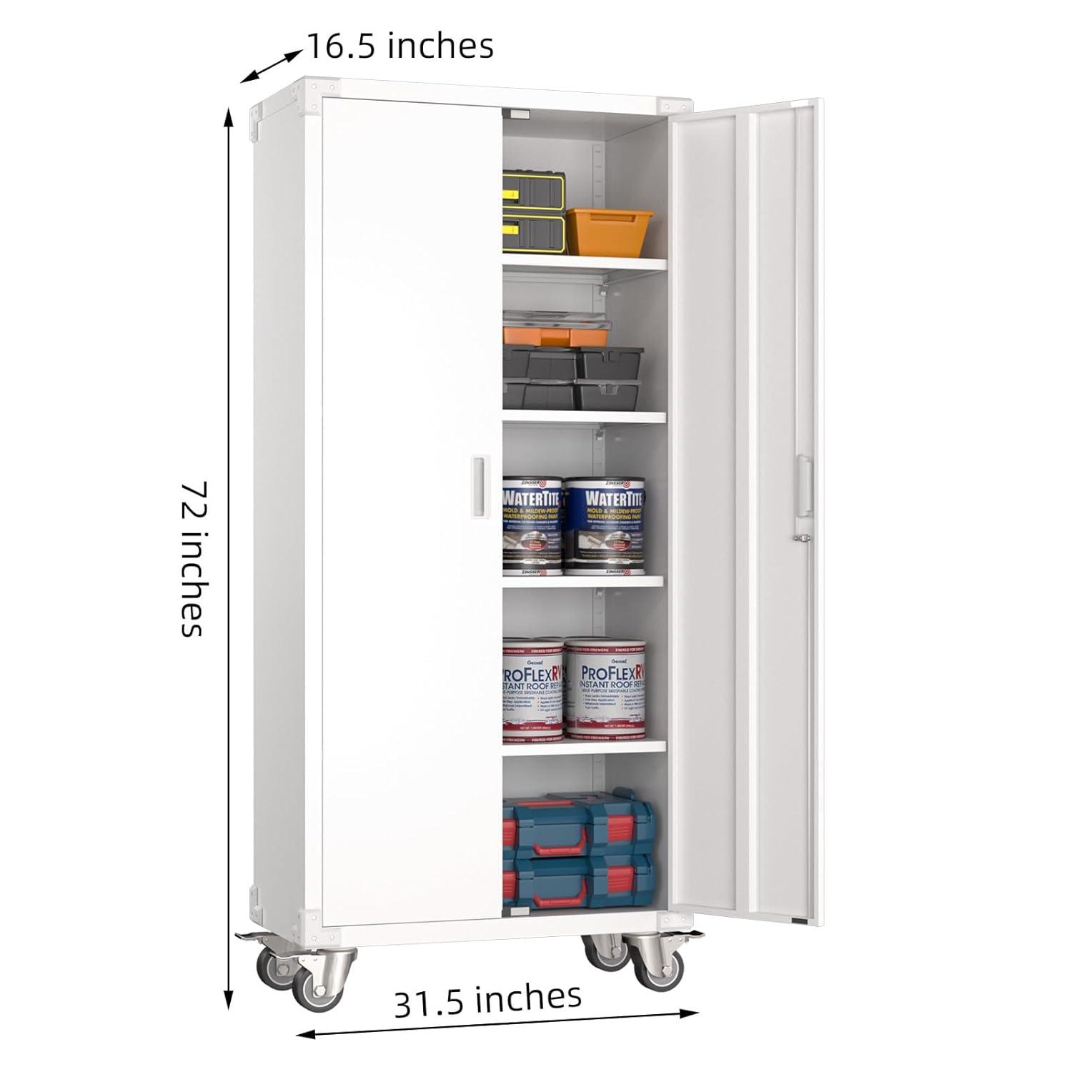 AOBABO 72 Inch Locking Metal Garage Home Office Storage Cabinet with Universal Rubber Wheels/Lockable Casters and Magnetic Doors, White
