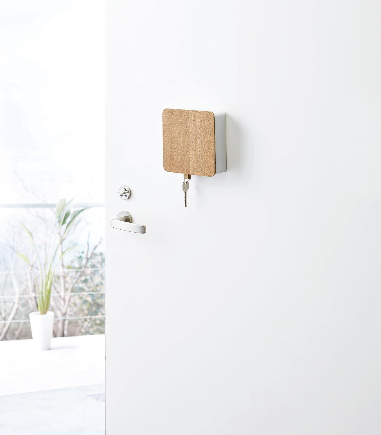 Yamazaki Home Square Magnetic Key Cabinet, Wood Accented Keychain Organizer, Steel + Wood, Magnetic