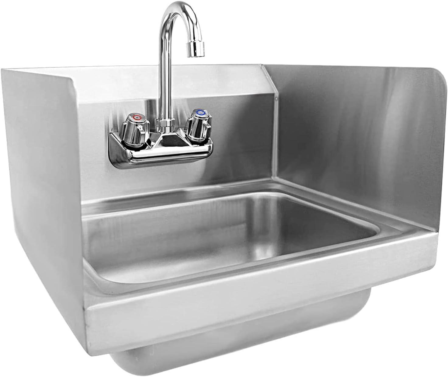 Tangkula Stainless Steel Sink NSF Wall Mount Hand Washing Sink with Faucet & Side Splash