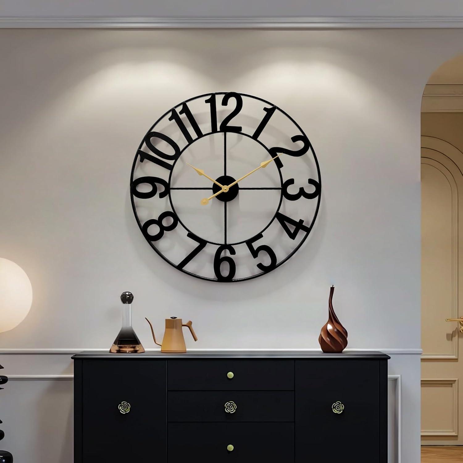 Oversized Black Metal Analog Wall Clock with Arabic Numerals