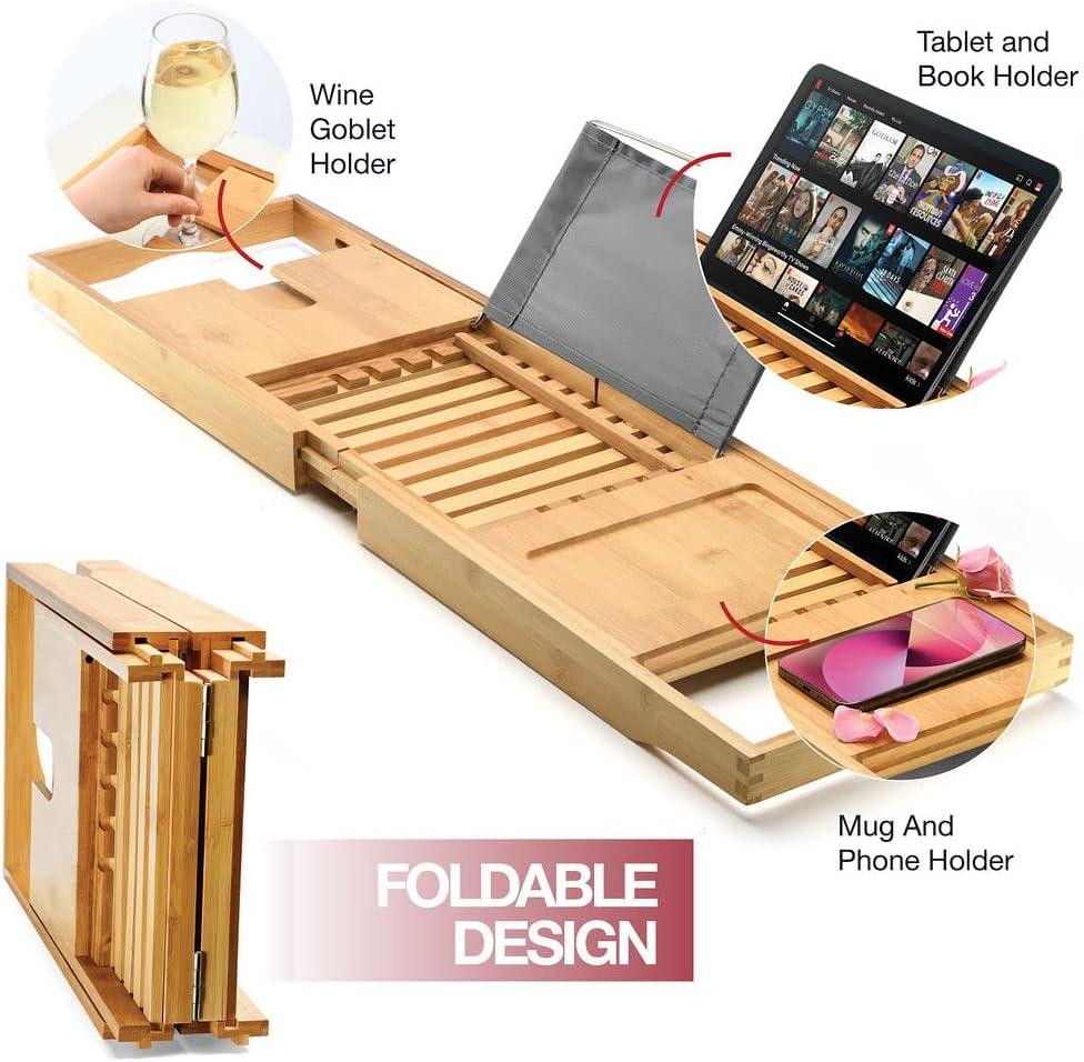 Luxury Foldable Bathtub Tray Caddy - Waterproof Wooden Bath Organizer for Wine, Book, Soap, Phone - Expandable Size Fits Most Tubs