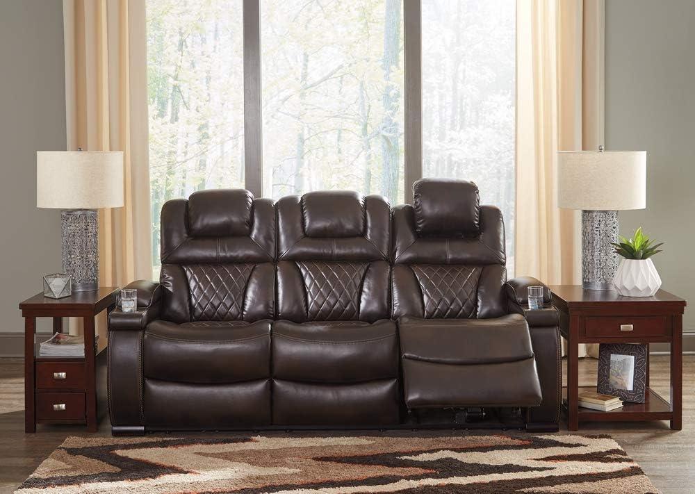 Warnerton Power Recliner Sofa with Adjustable Headrest Chocolate - Signature Design by Ashley: USB Port, Cup Holder, Storage