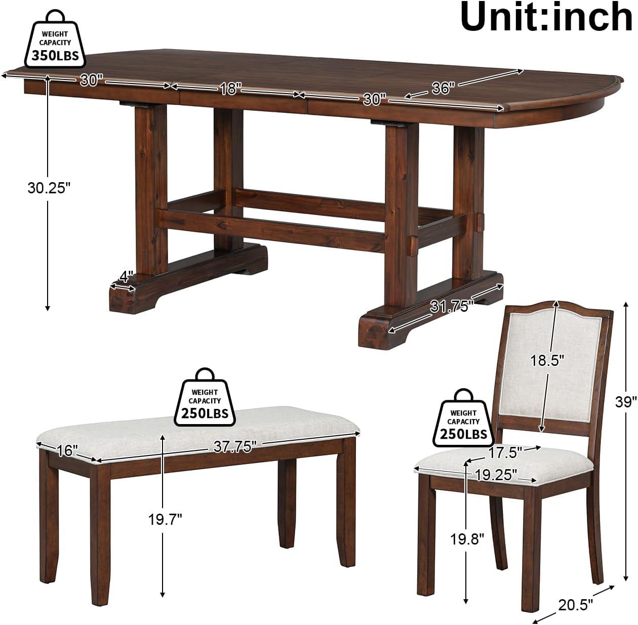 Cherry Wood Extendable Dining Table Set with Linen Upholstered Chairs and Bench