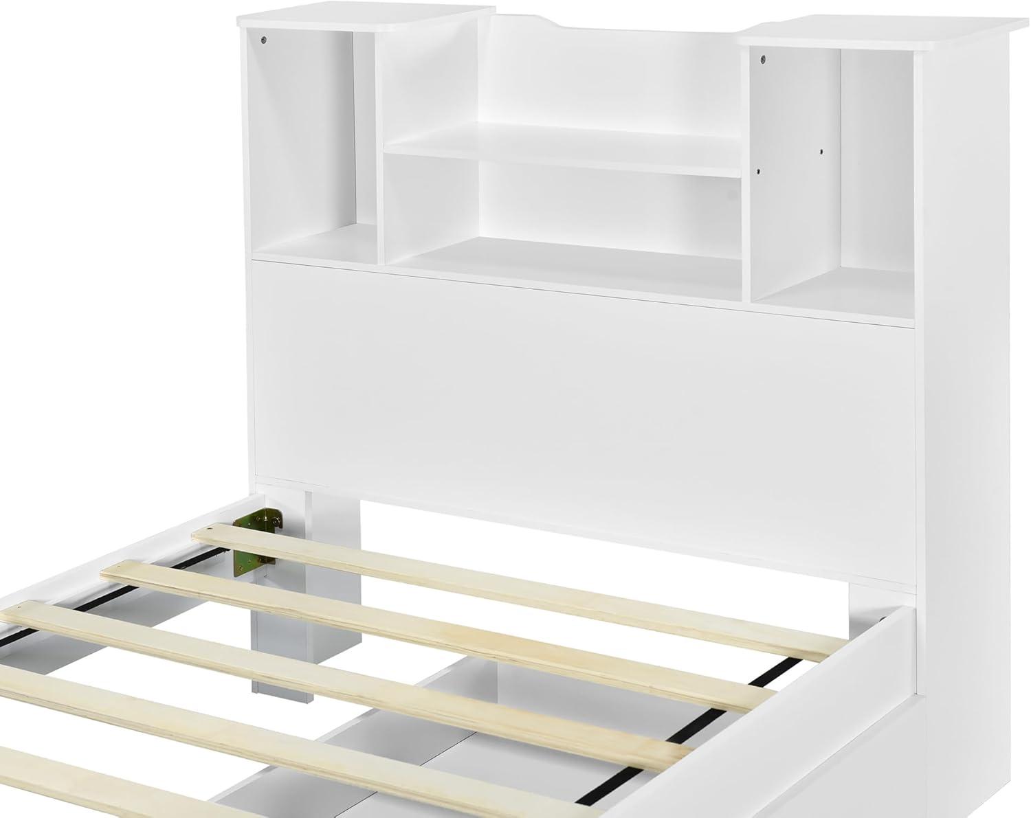 Harper & Bright Designs Twin Size Bed with Storage Headboard and Drawers, Solid Wood Twin Platform Bed Frame with 2 Drawers, 4 Shelves and LED Light, No Box Spring Needed - White