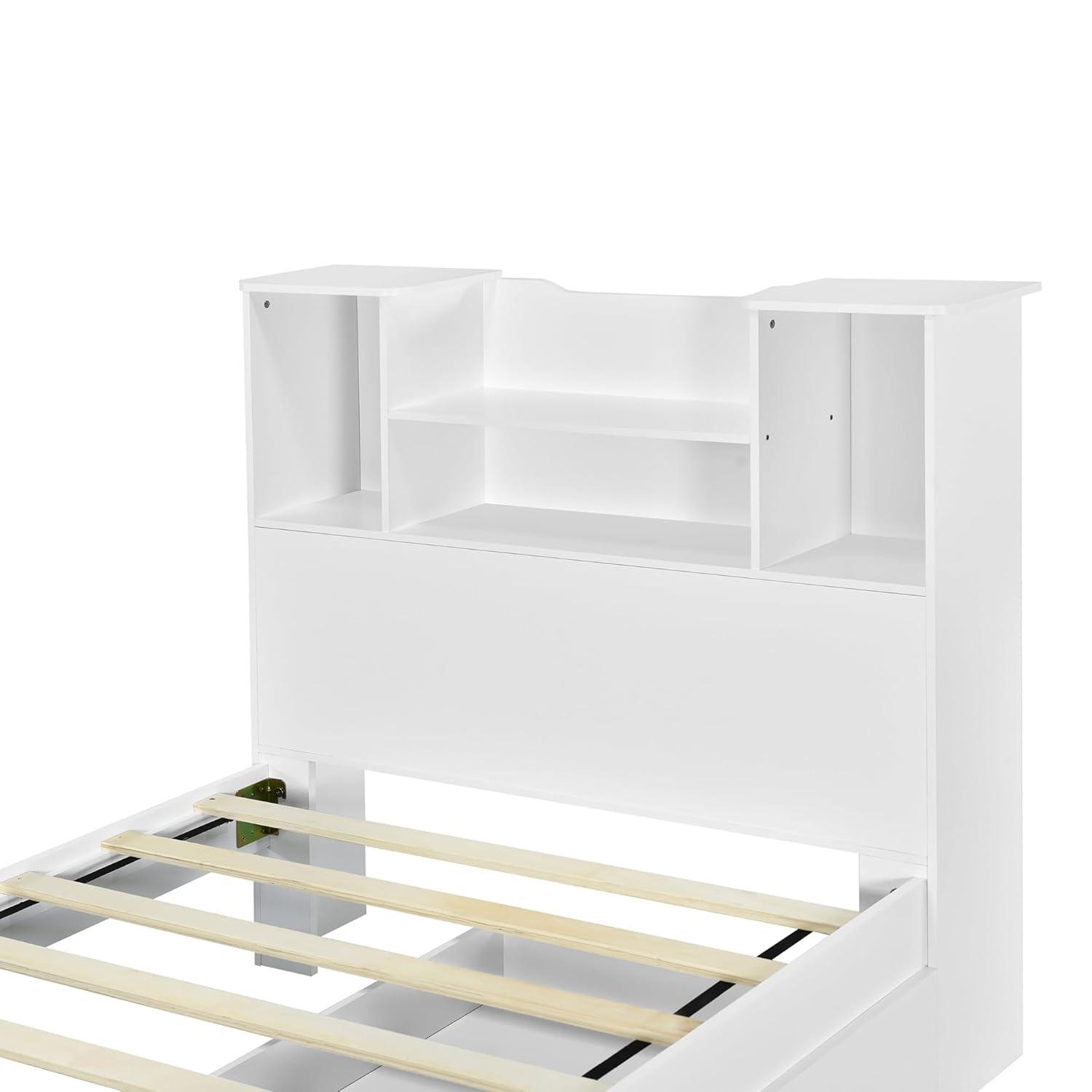 Harper & Bright Designs Twin Size Bed with Storage Headboard and Drawers, Solid Wood Twin Platform Bed Frame with 2 Drawers, 4 Shelves and LED Light, No Box Spring Needed - White