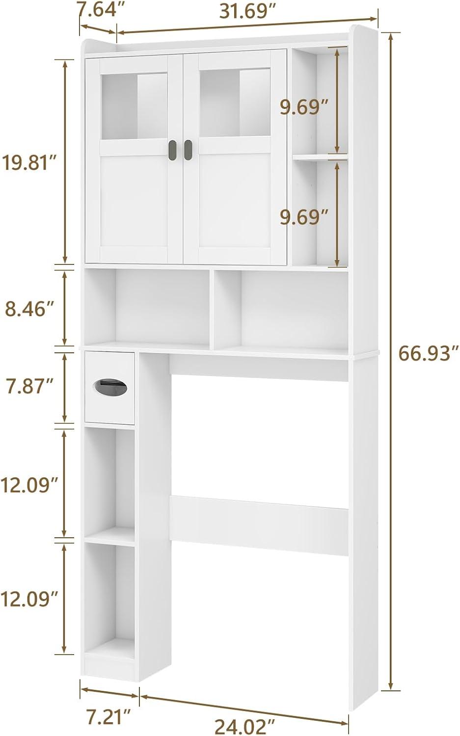 White Adjustable Over-the-Toilet Storage Cabinet with Glass Doors