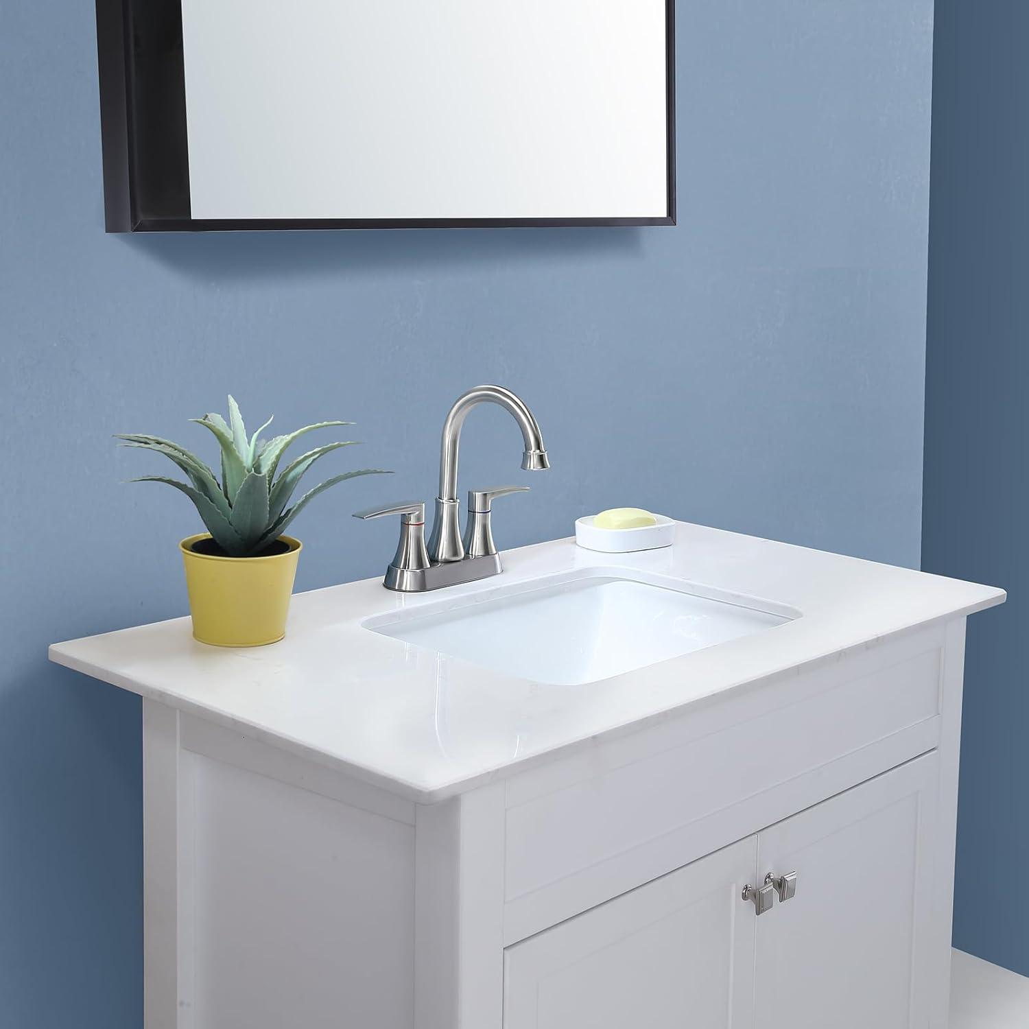 Brushed Nickel Bathroom Faucet, 2-Handle Lead-Free 360° Swivel High-Arc Spout 4 Inch Centerset Bath Lavatory Vanity Sink Faucets Set for Sinks with Drain & Water Hoses, VABM80008L