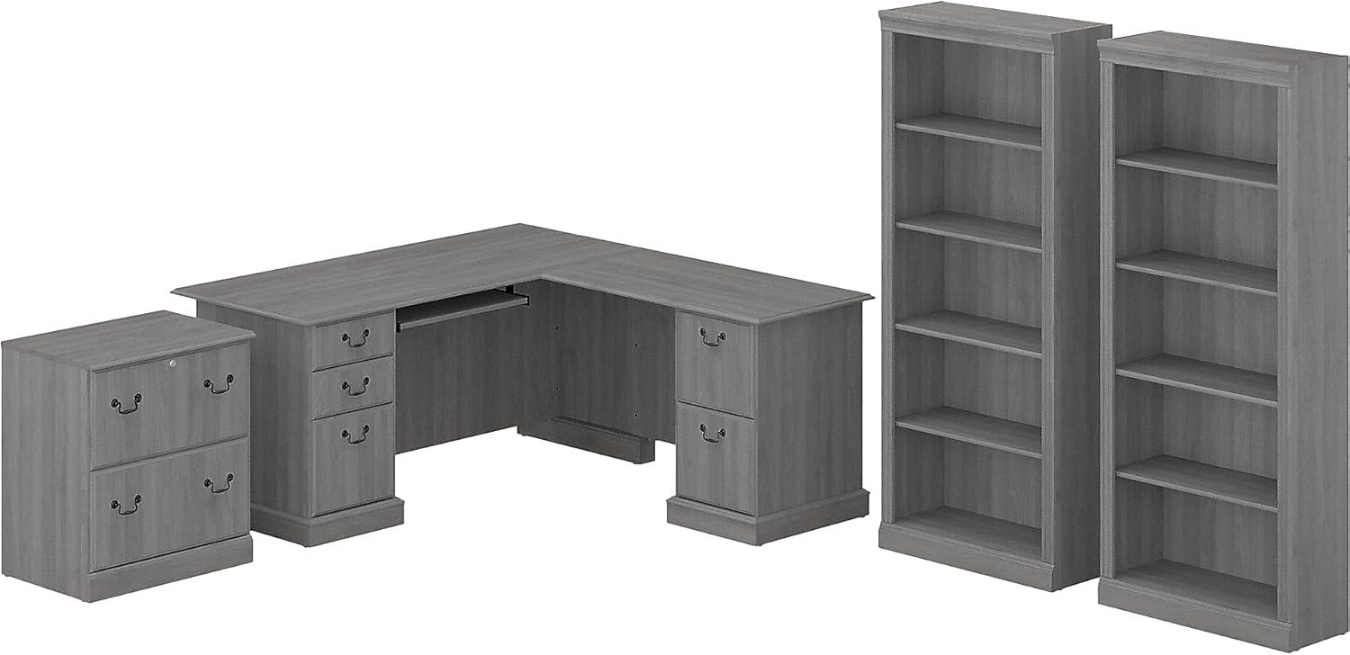 Modern Gray Engineered Wood L-Shaped Desk Set with Bookcases and File Cabinet