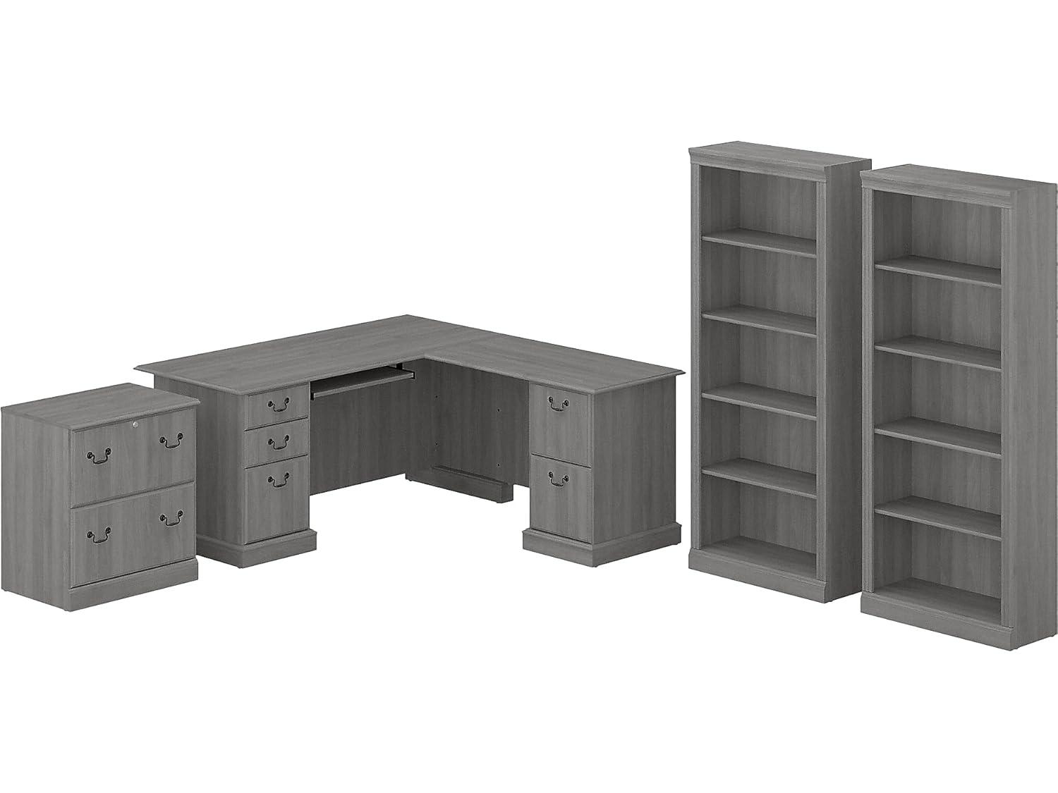 Modern Gray Engineered Wood L-Shaped Desk Set with Bookcases and File Cabinet