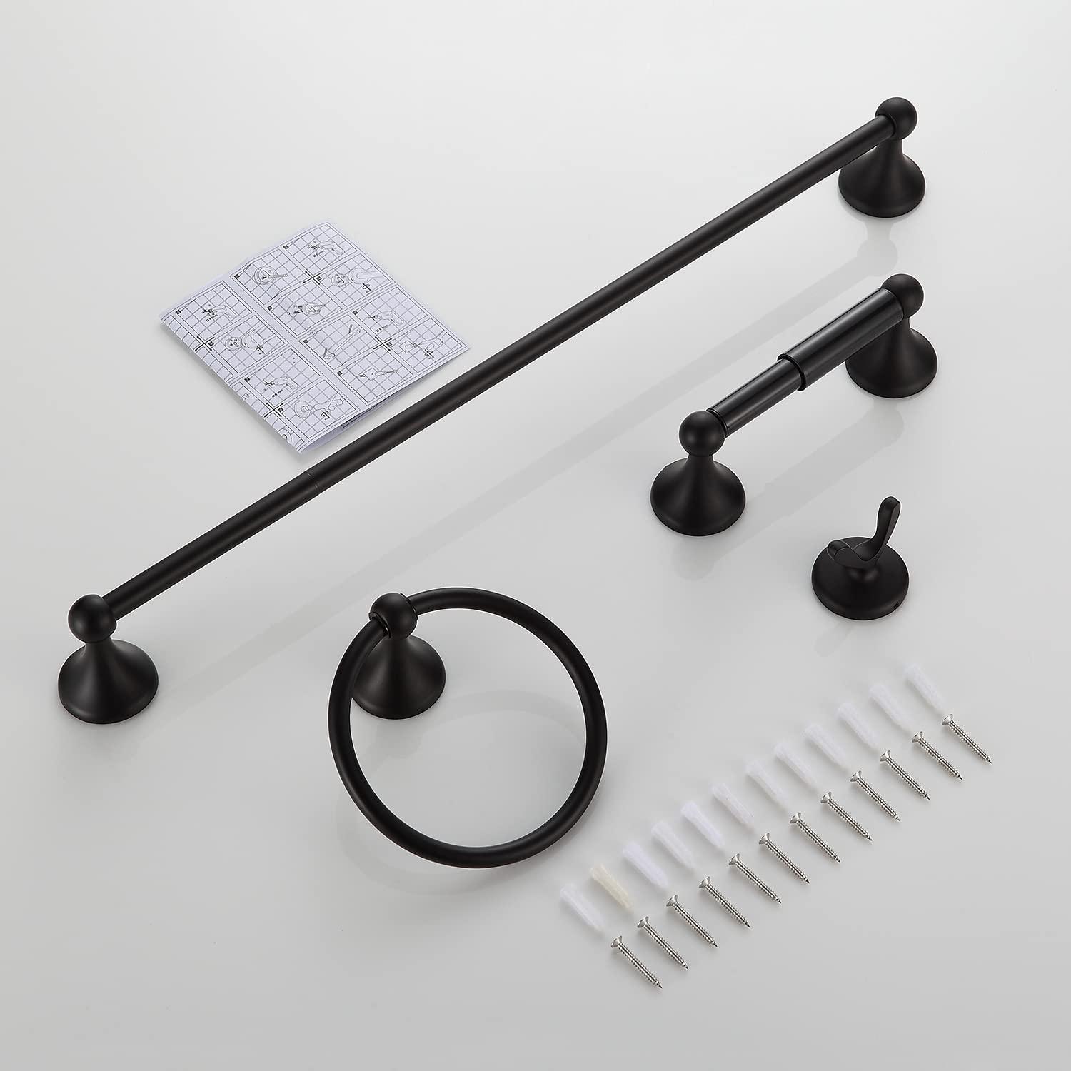 BGL Bathroom Hardware Set Matte Black Adjustable Expandable Towel Bar 4-Piece Bathroom Accessory Set Wall Mounted Robe Hook Toilet Paper Holder Towel Ring Towel Bar