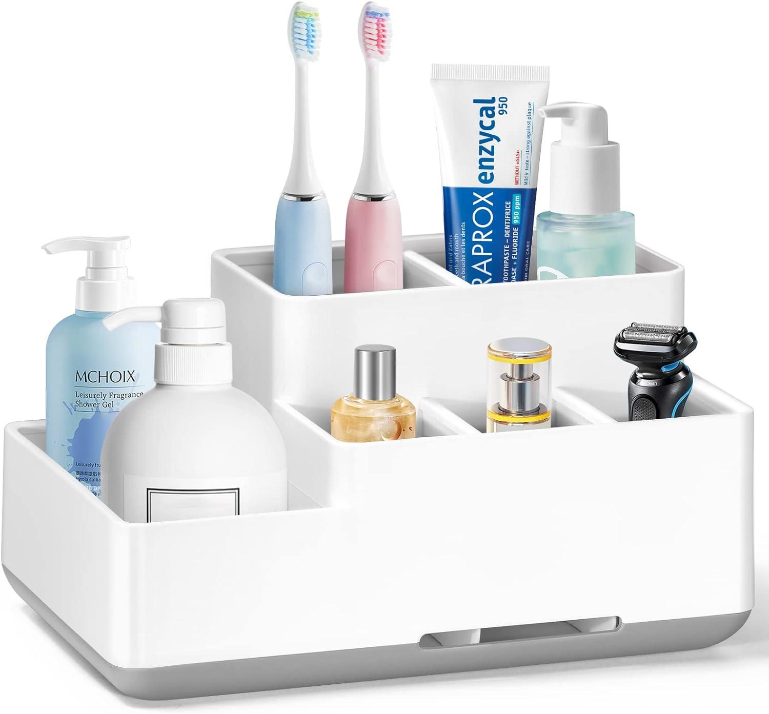 White ABS Multi-Compartment Bathroom Countertop Organizer