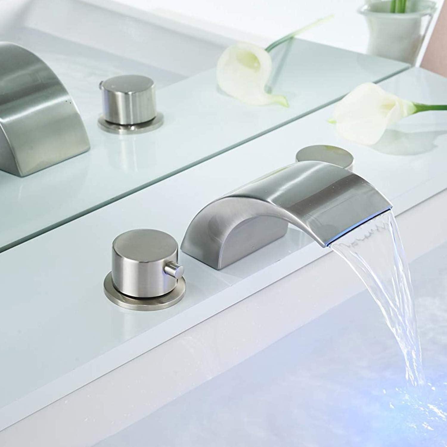 Brushed Nickel LED Waterfall Widespread Bathroom Faucet