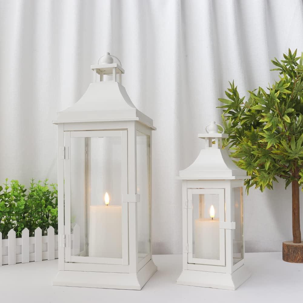 White Metal and Glass Tabletop Hanging Candle Lantern Set