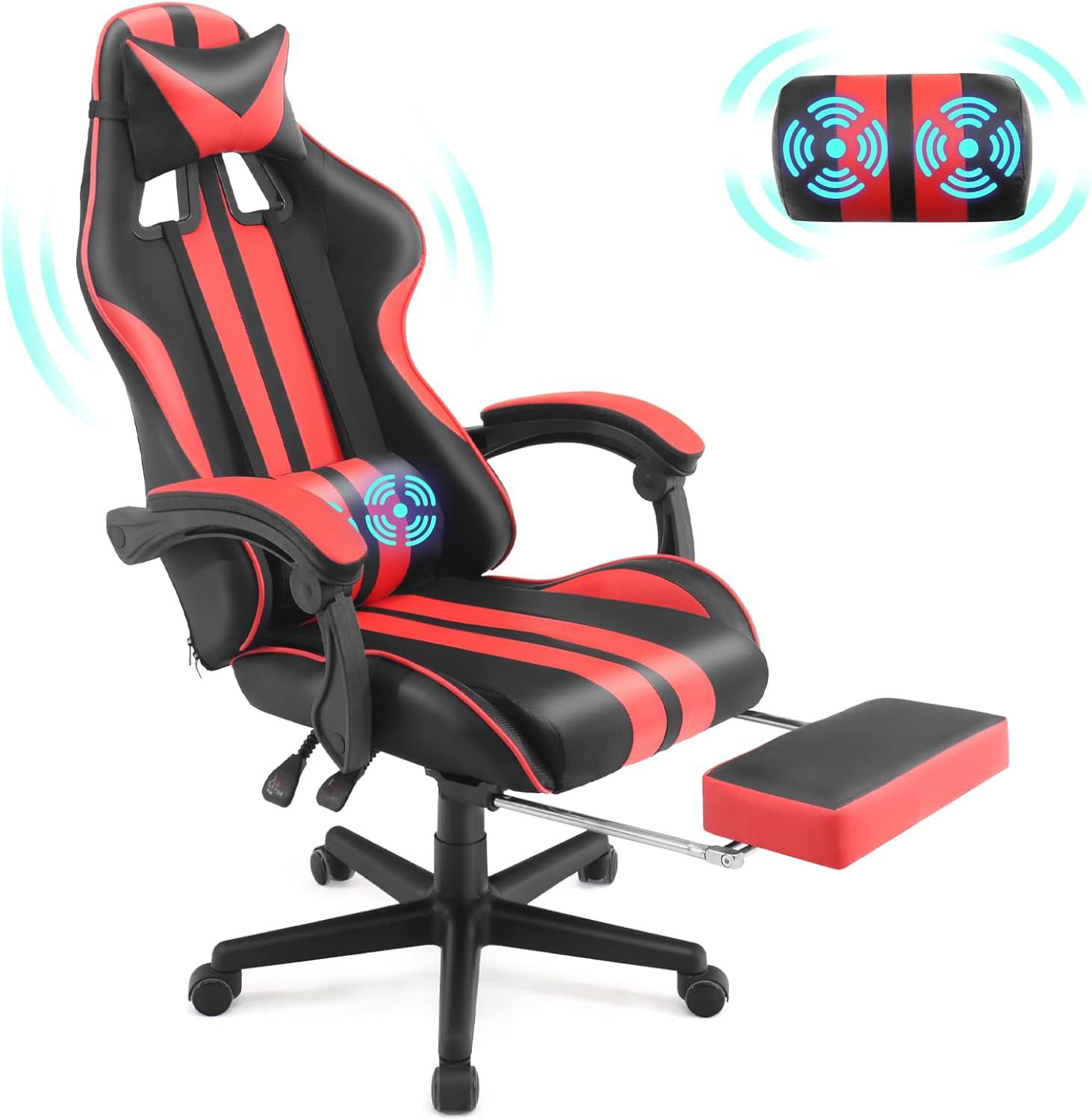 Ferghana Gaming Chair Massage Office Chair with Footrest, Ergonomic Swivel Gamer Chair with Lumbar Pillow & Headrest, Red