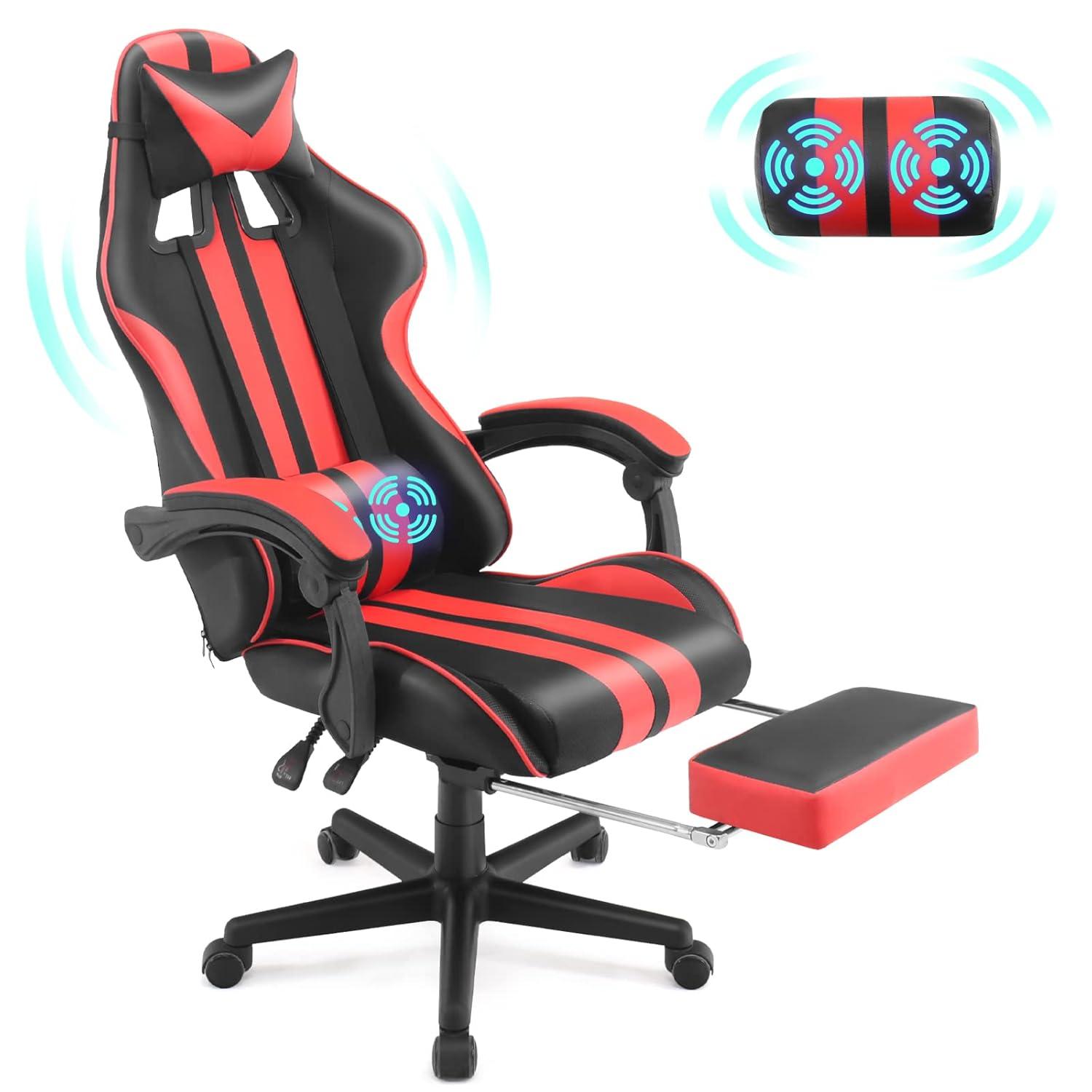 SOONTRANS Gaming Chair Massage Office Chair with Footrest, Ergonomic Swivel Gamer Chair with Lumbar Pillow & Headrest, Red