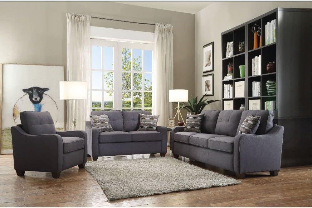 Elegant Gray Linen Tufted Sofa with Removable Cushions and Wood Accents