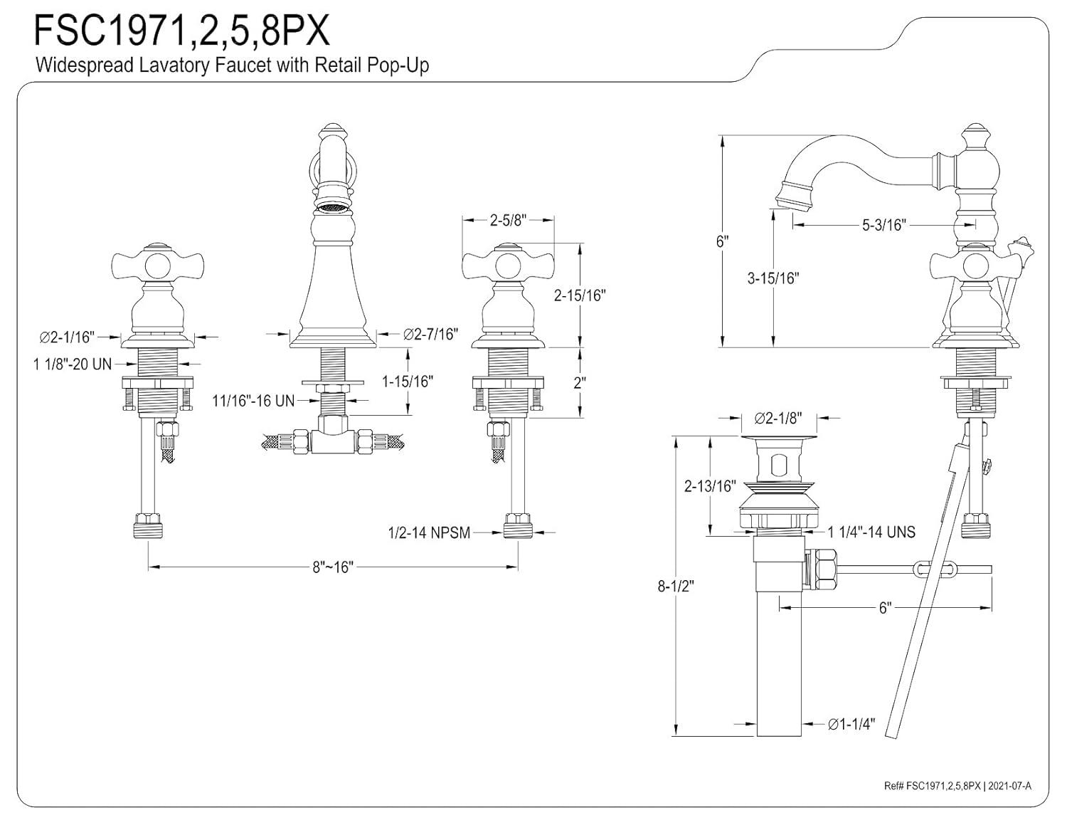 Kingston Brass FSC1975PX Kingston Brass American Classic Two-Handle 3-Hole Deck Mount Widespread Bathroom Faucet with Pop-Up Drain