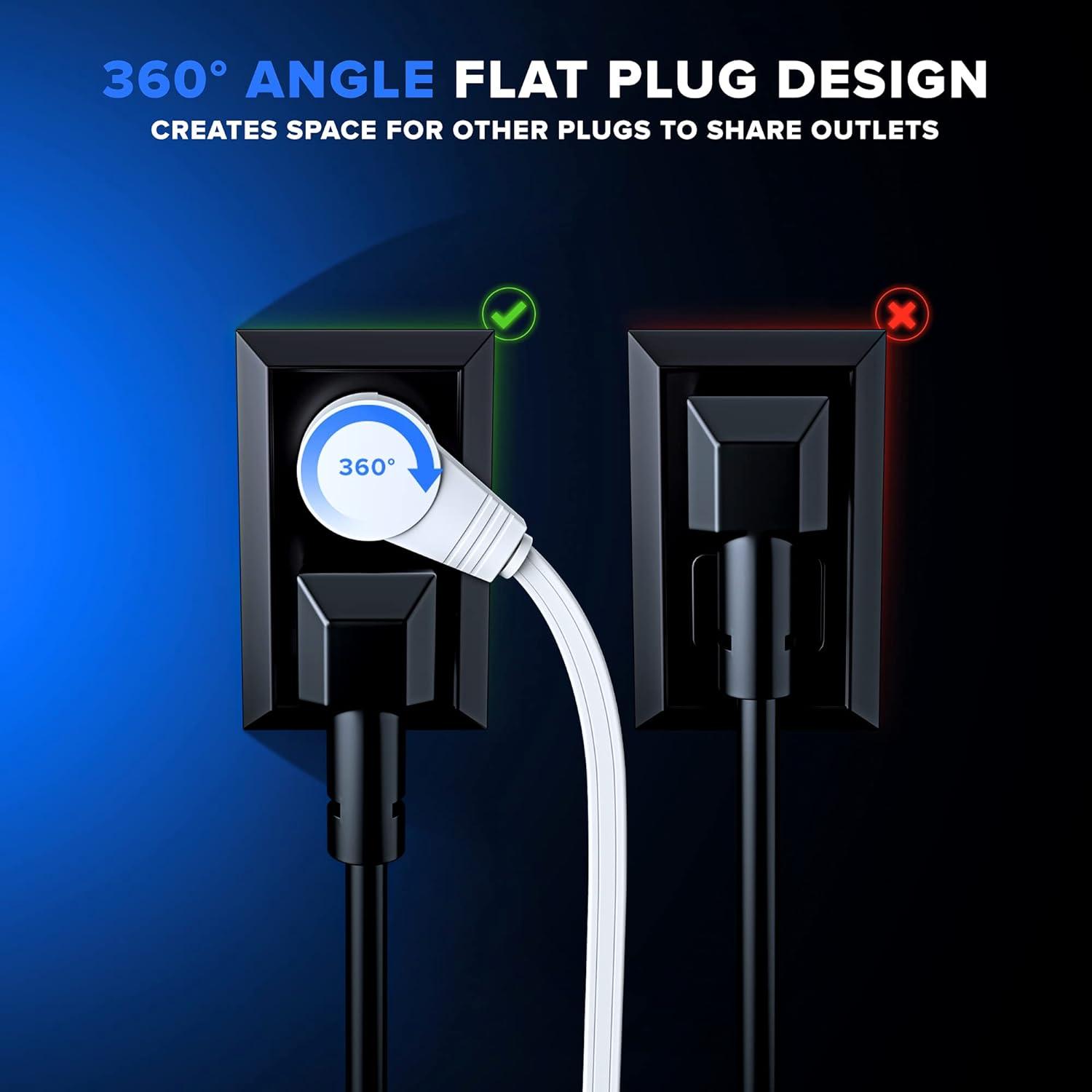 Maximm 1 ft. 16/3 Flat Extension Cord 360 Rotating Plug 3-Outlet 13A, 1625W, UL Certified, Black
