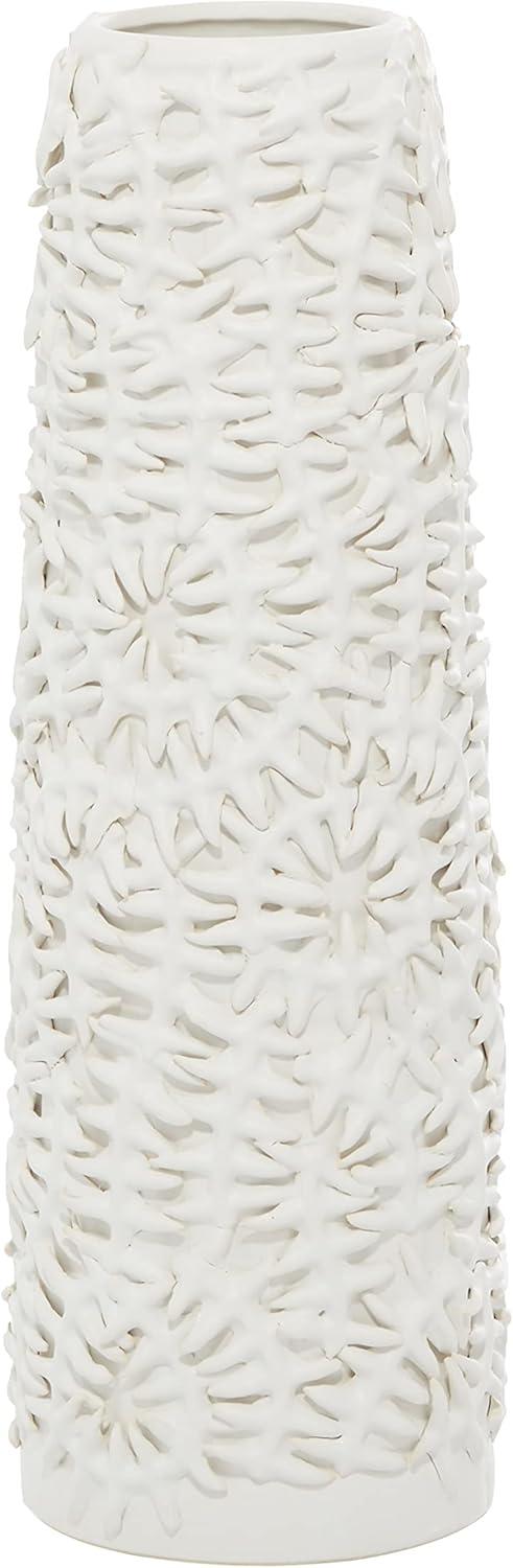 DecMode 17" Leaf Embossed White Ceramic Vase