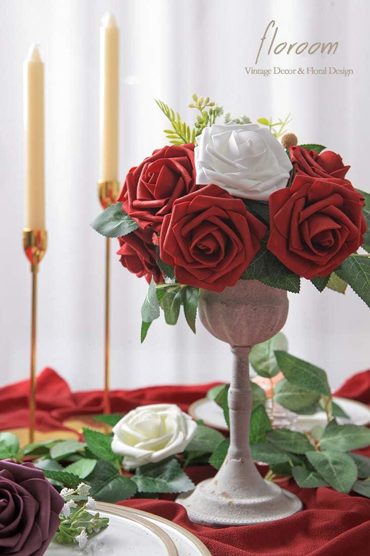 FlowGircnty Artificial Flower Dark Red Rose 25pcs Real Looking Fake Roses w/Stem for DIY Wedding Bouquets Centerpieces Arrangements Party Baby Shower Home Decorations