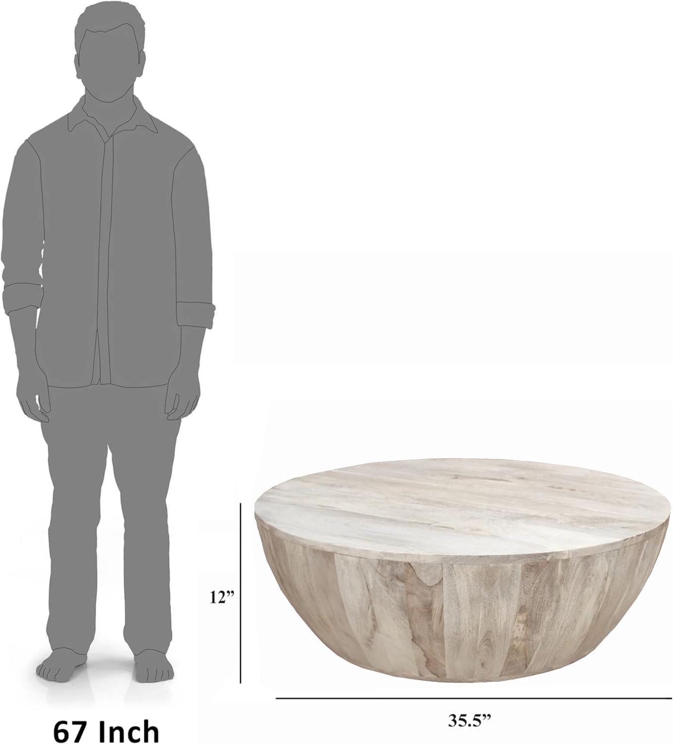 12 Inch Round Mango Wood Coffee Table, Subtle Grains, Distressed White - Saltoro Sherpi