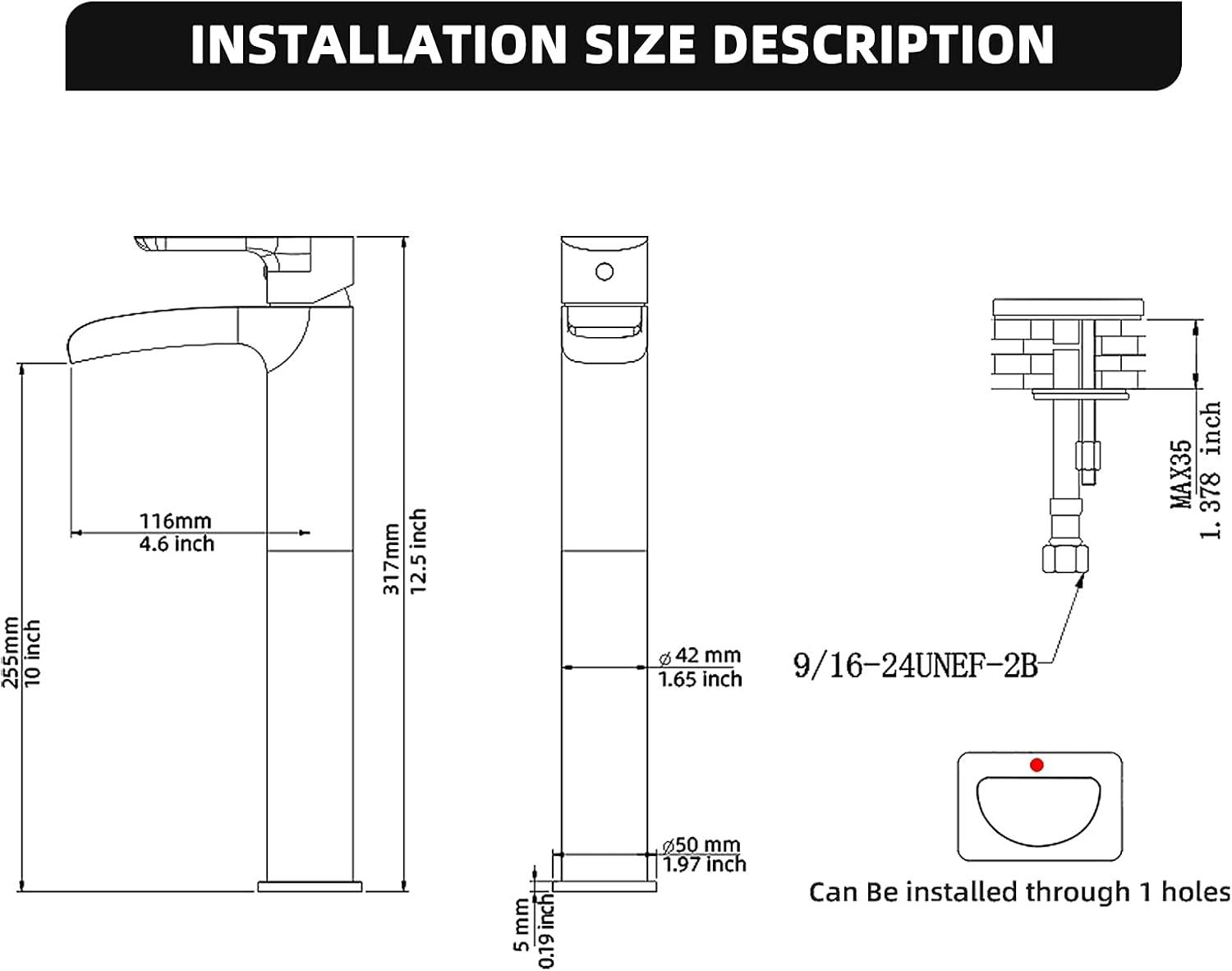 NEWATER Matte Black Tall Bathroom Vessel Sink Faucet, Single Hole Single Handle Waterfall Modern Bathroom Faucet, Vanity Faucet with Water Supply Line