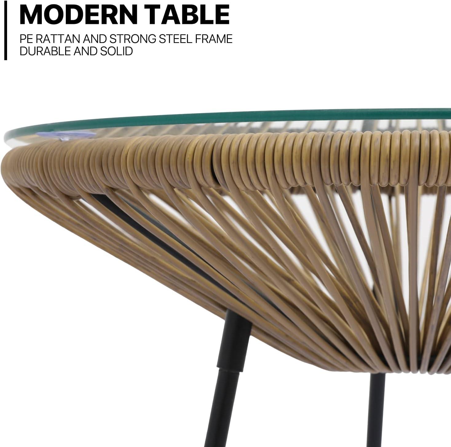 MoNiBloom 3 Pieces Outdoor Patio Furniture Rattan Wicker Table and Chairs Set, Conversation Bistro Set with Tempered Glass Tabletop for Porch Balcony Backyard Pool, Natural