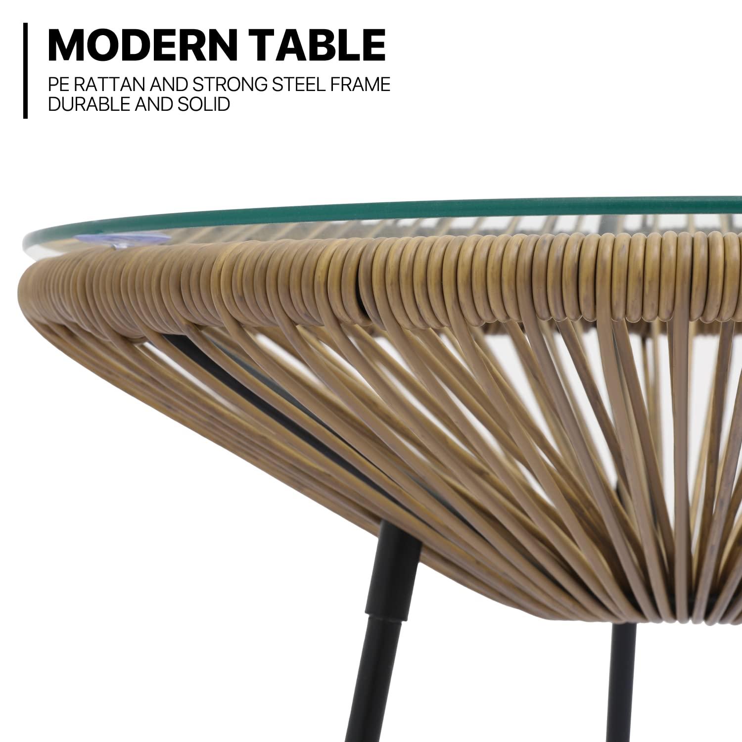 MoNiBloom 3 Pieces Outdoor Patio Furniture Rattan Wicker Table and Chairs Set, Conversation Bistro Set with Tempered Glass Tabletop for Porch Balcony Backyard Pool, Natural