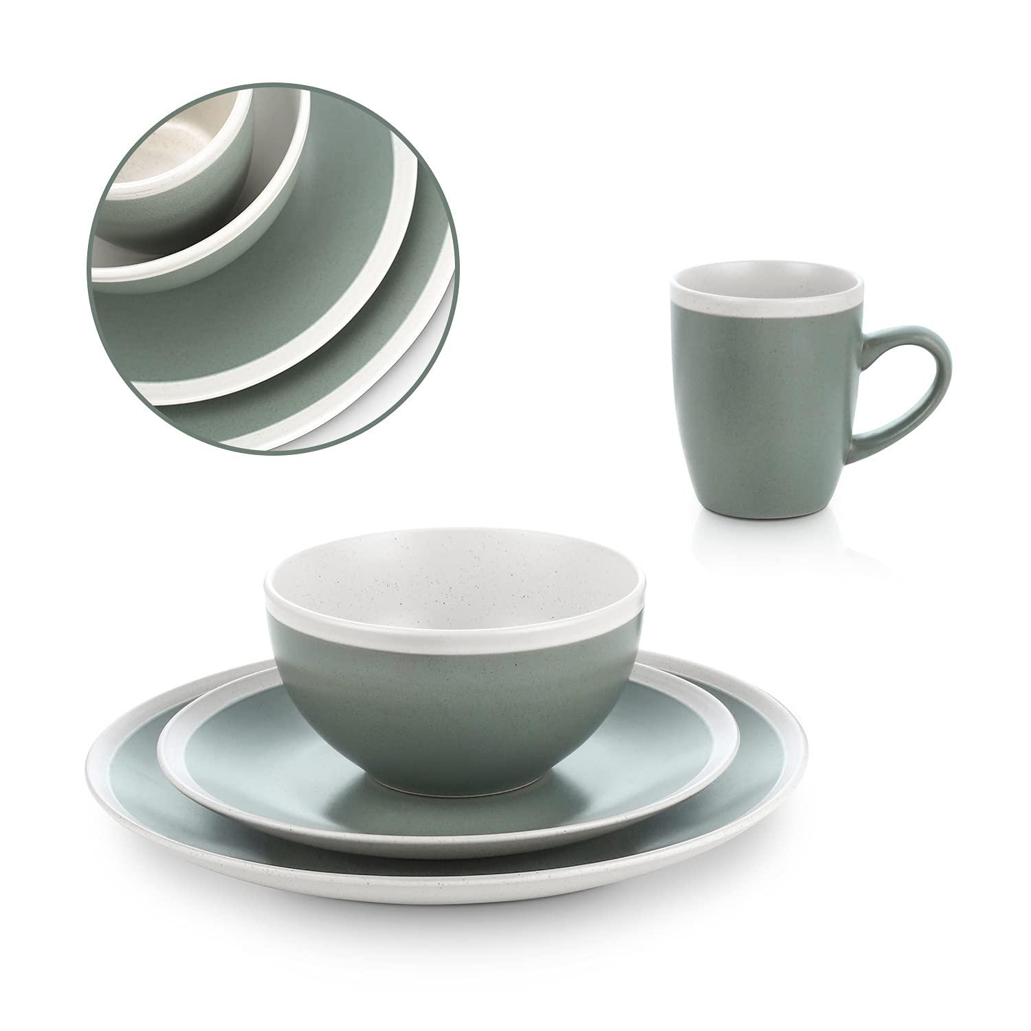 Stone Lain Serenity 16-Piece Stoneware Dinnerware Set, Service for 4, Green and Cream