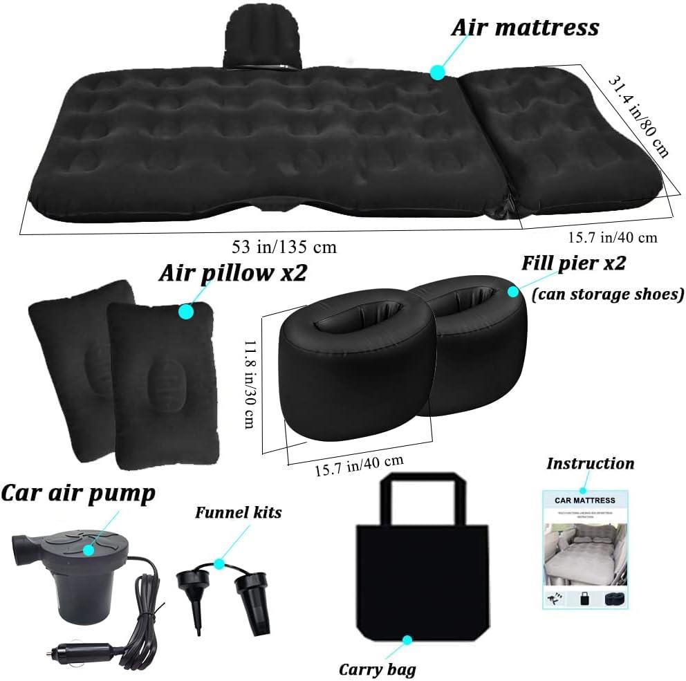 Black PVC Inflatable Car Air Mattress with Pump and Pillows