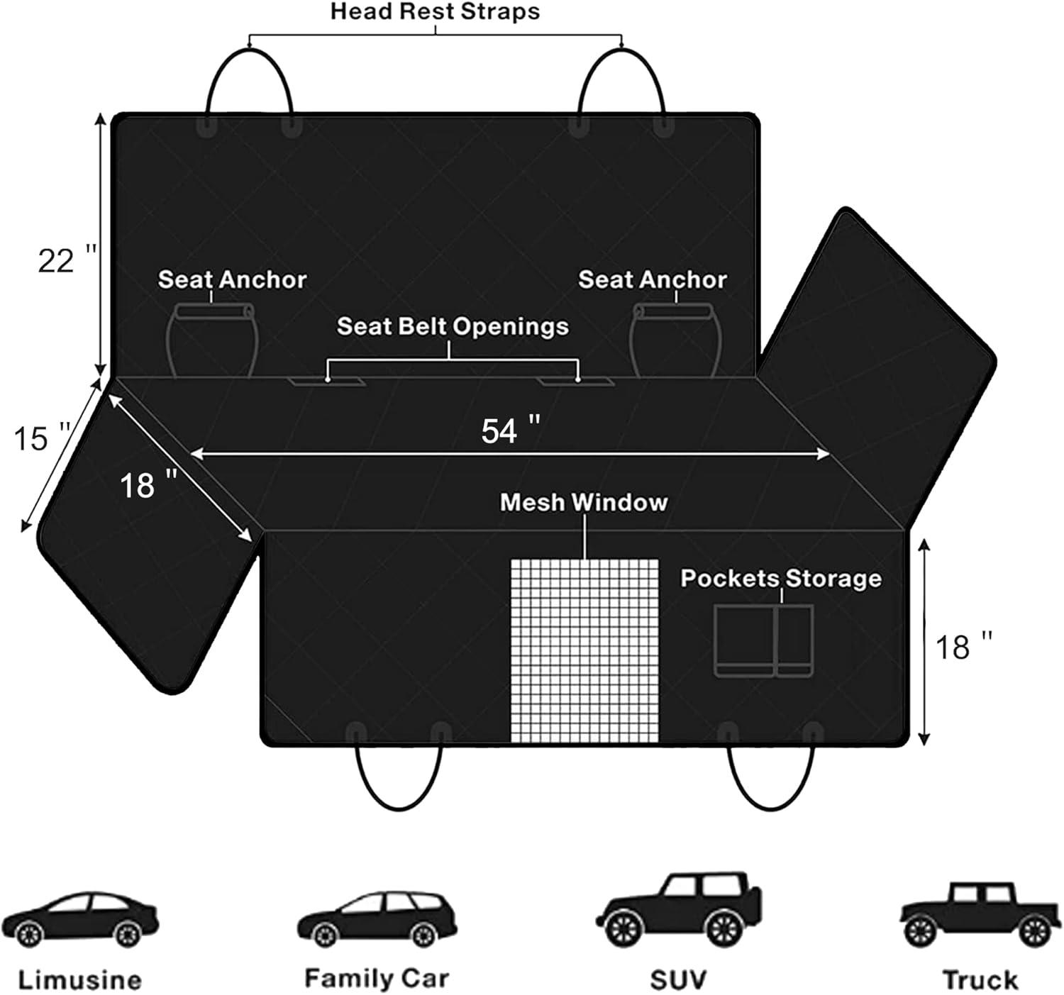 Dog Car Seat Cover with Storage Pockets Mesh Visual Window, Waterproof Nonslip , Heavy Duty Scratchproof Pet Dog Back Seat Cover Hammock for Cars Trucks and SUVs