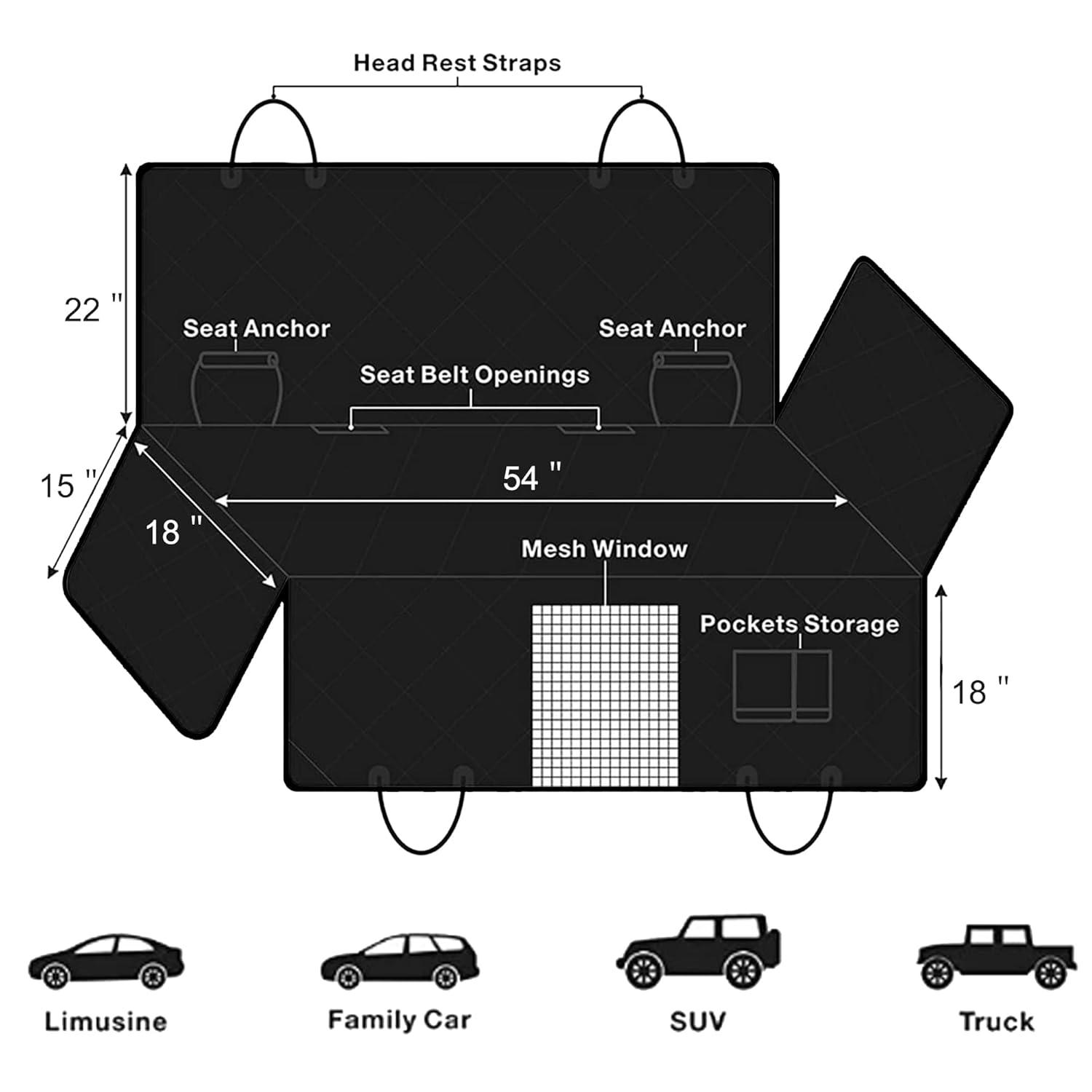 Dog Car Seat Cover with Storage Pockets Mesh Visual Window, Waterproof Nonslip , Heavy Duty Scratchproof Pet Dog Back Seat Cover Hammock for Cars Trucks and SUVs