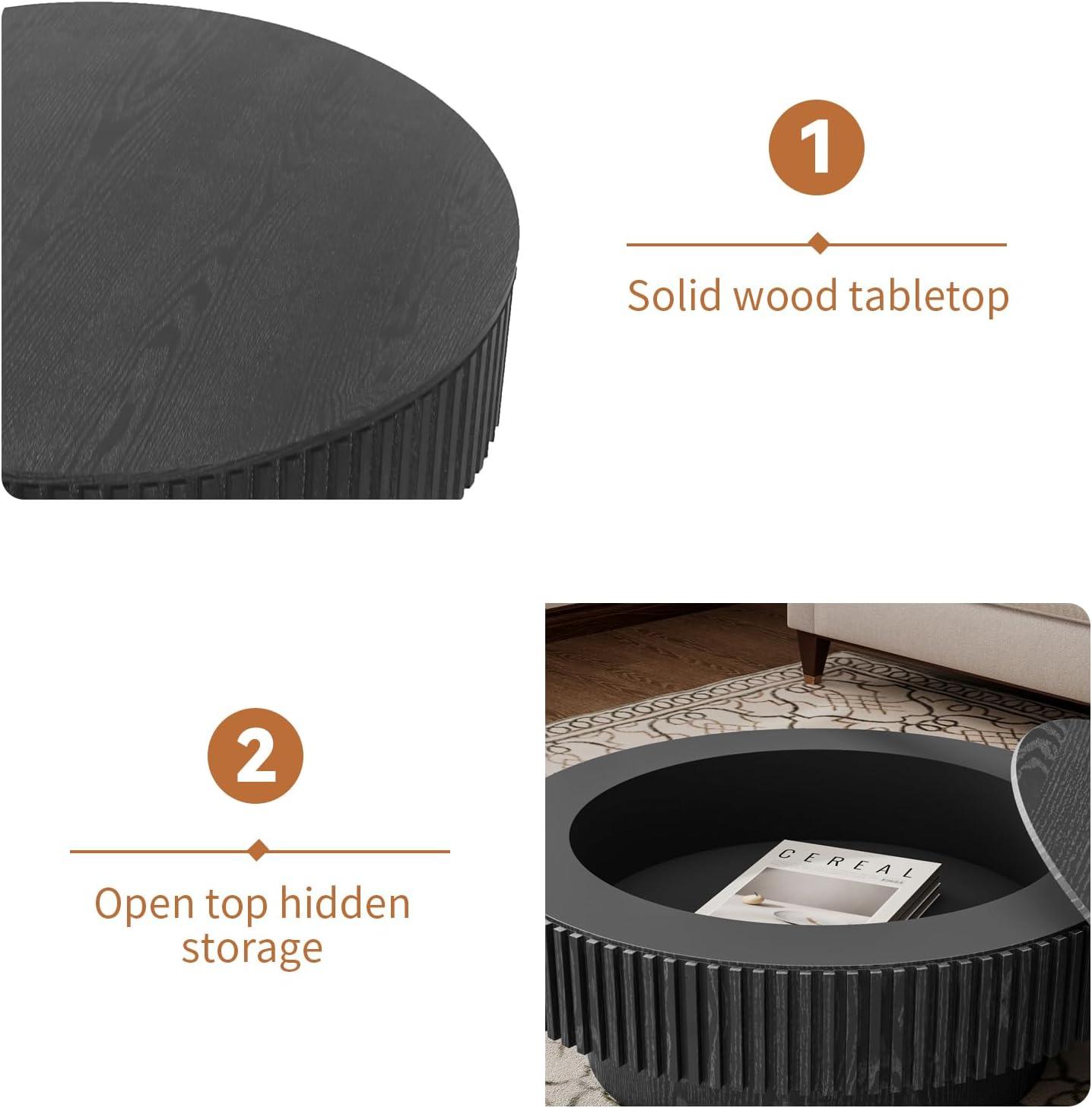 Round Coffee Table with Storage, Modern Wooden Coffee Table with Solid Wood Veneered, 31.5" Small Circle Center Table,Tea Table for Living Room,Home Small Space,Black