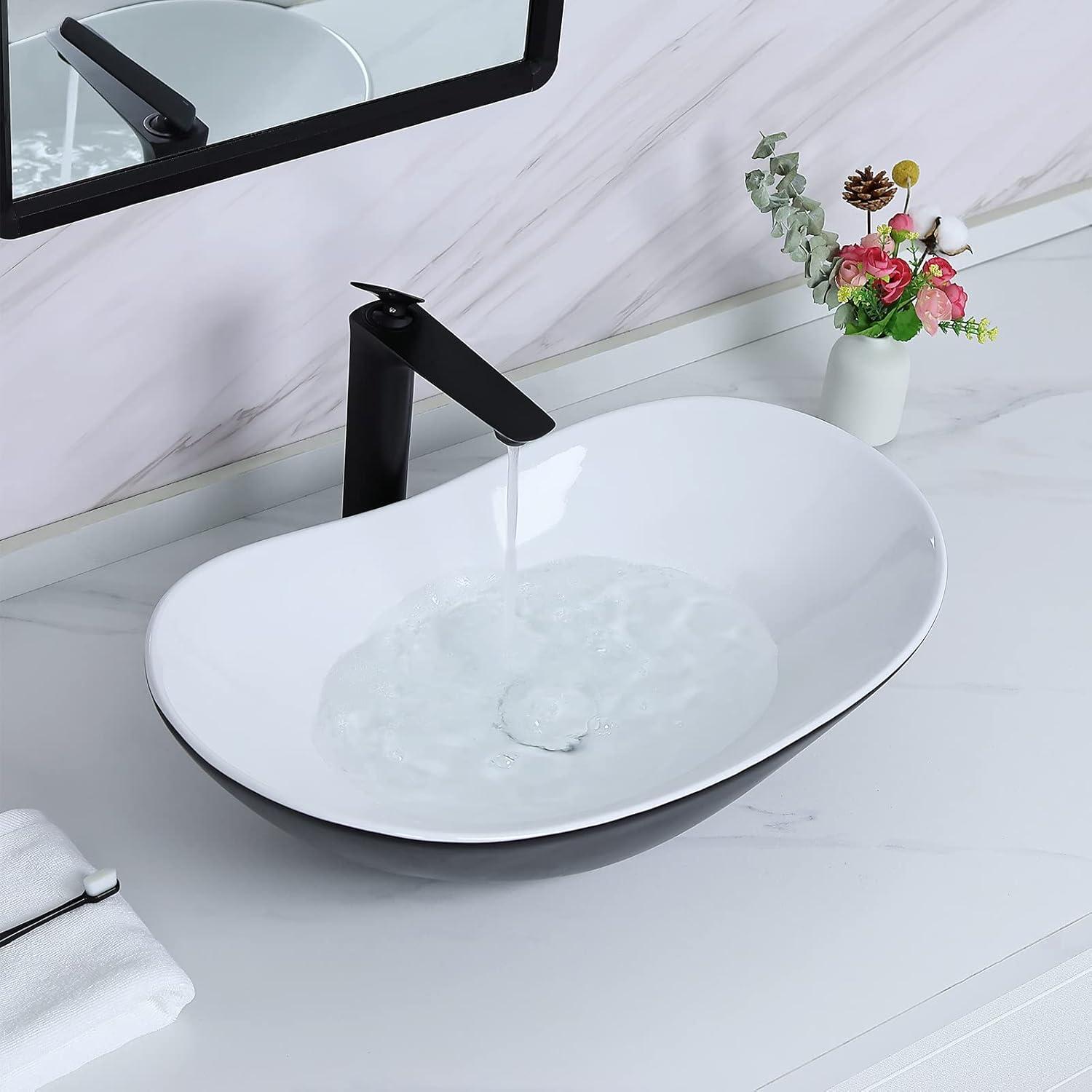 Matte Black Oval Ceramic Vessel Sink with Pop-Up Drain