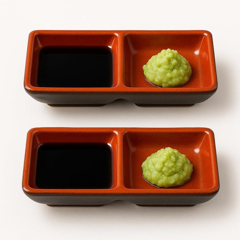 JapanBargain 2395, Japanese Style Soy Sauce Melamine Dishes Dipping Bowls, Red and Black Color, Two Compartments, 12 Pack